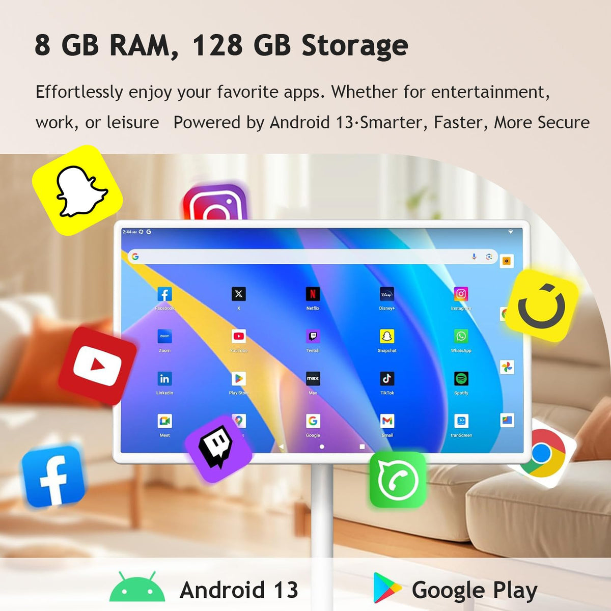 Smart Portable TV with FHD Touchscreen, Android 13, 8GB RAM + 128GB Storage, Movable on Wheels, 10W Speakers, 24" Display, Long Battery Life up to 8 Hours