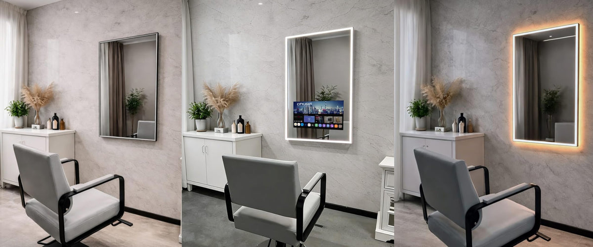 24" W x 40" H Smart Mirror with 22" Screen Display – webOS LED Salon Entertainment Display with Voice Control, for Barber Shops, Beauty Studios