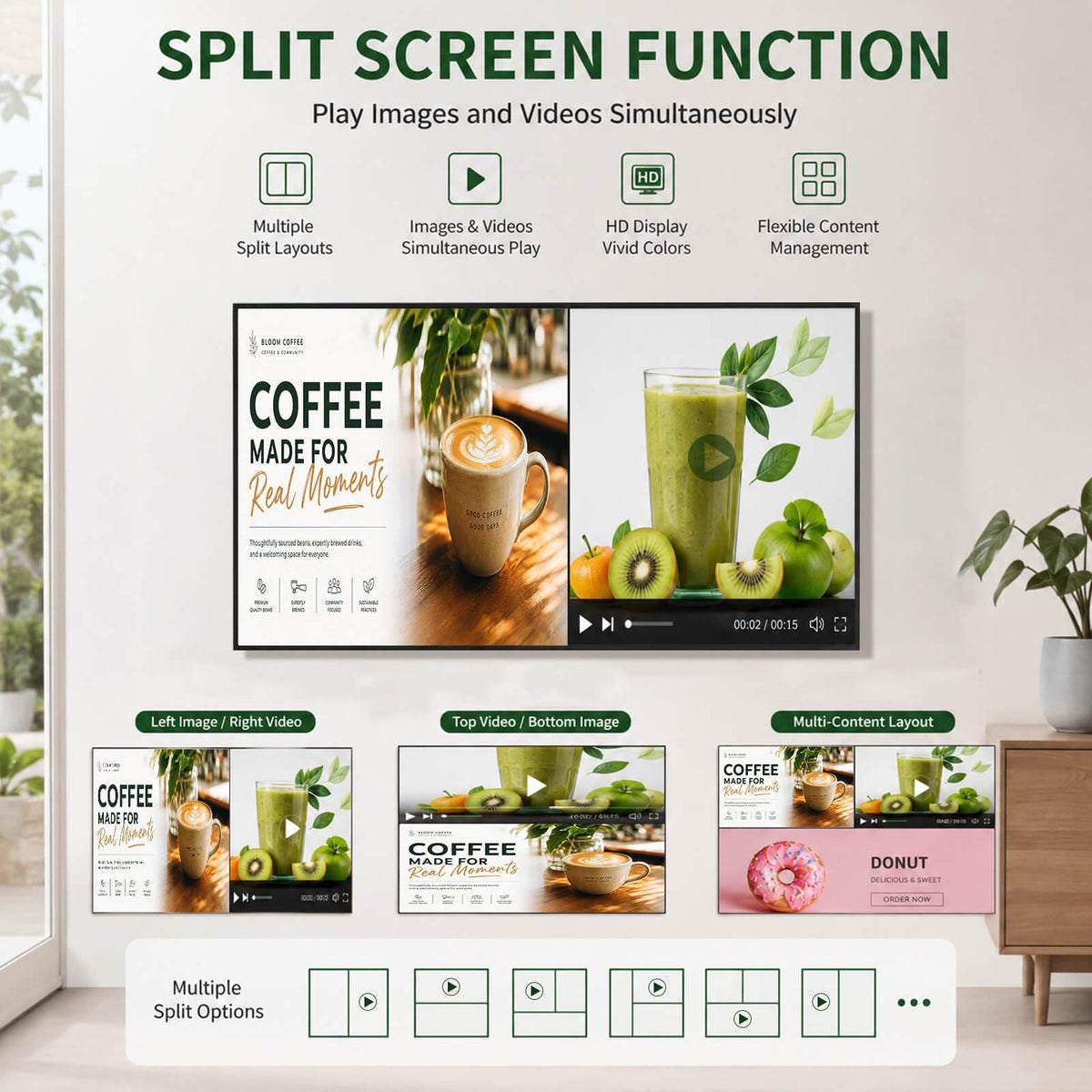 32inch Digital Signage, 2500nits High Brightness Advertising Display, Slim Fit Frameless LCD Monitor, CMS Remote Publishing, 24/7 Operation, Smart Split Screen Play, HDMI/USB/WiFi/Android System