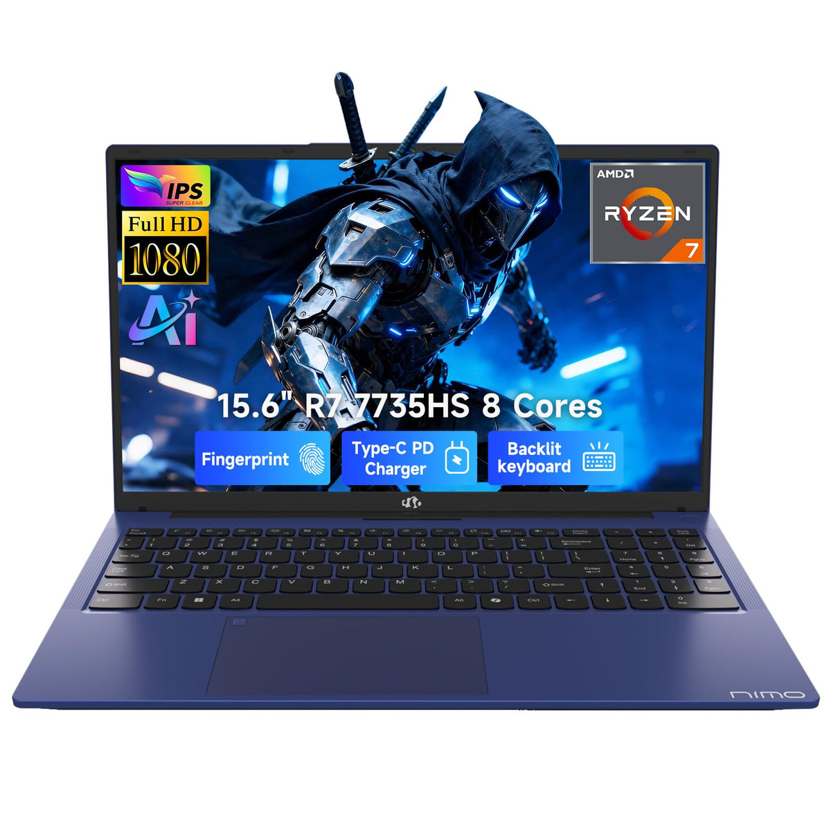 NIMO 15.6" FHD Light Gaming Laptop, 8 Cores AMD R7 7735HS 64GB RAM 2TB SSD