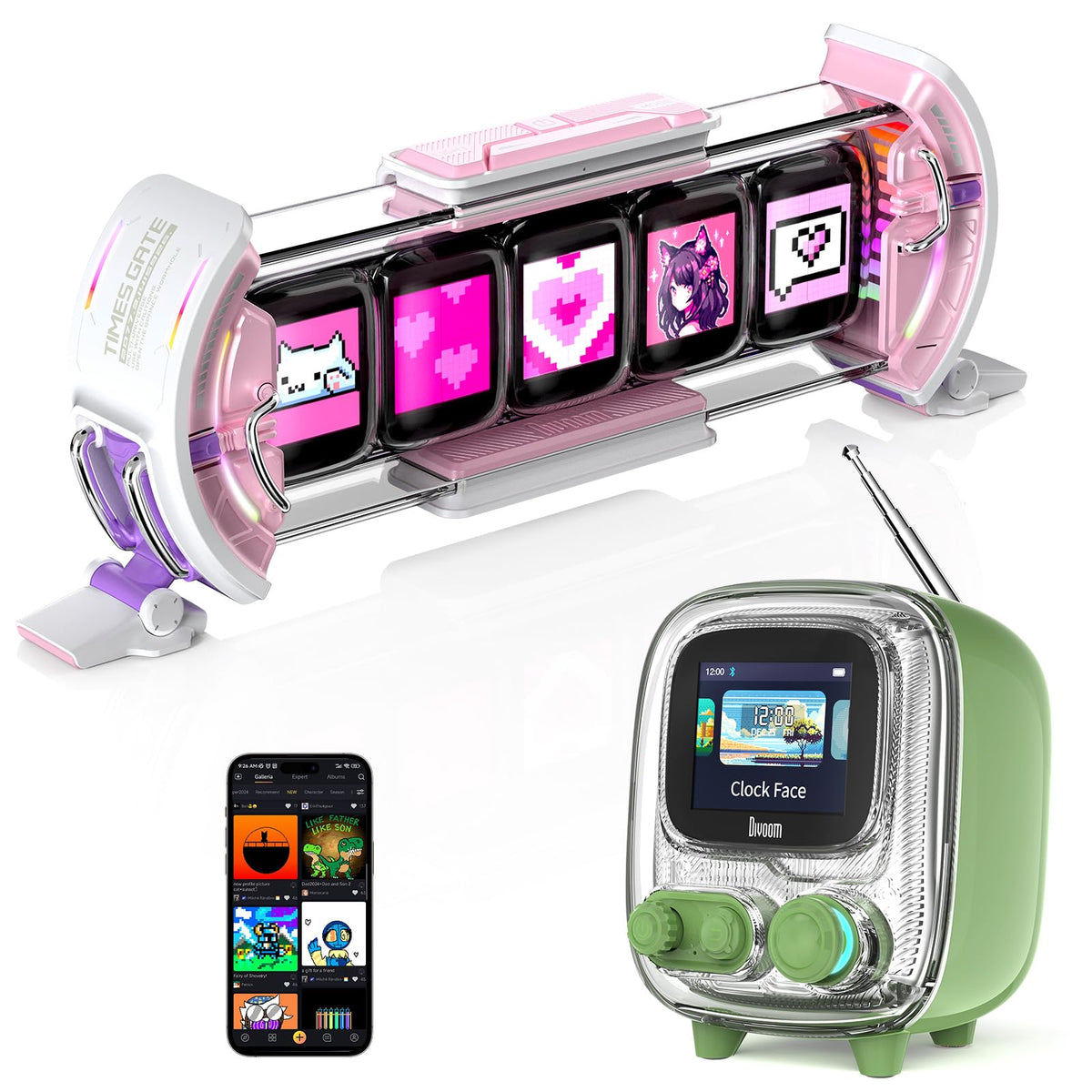 Divoom Times Gate Pink and Tiivoo-2 Green,Cyberpunk Gaming Setup Digital Clock with Smart APP Control and Mini TV Retro Bluetooth Speaker,Cute Decor for Bedroom,Bedside Desk