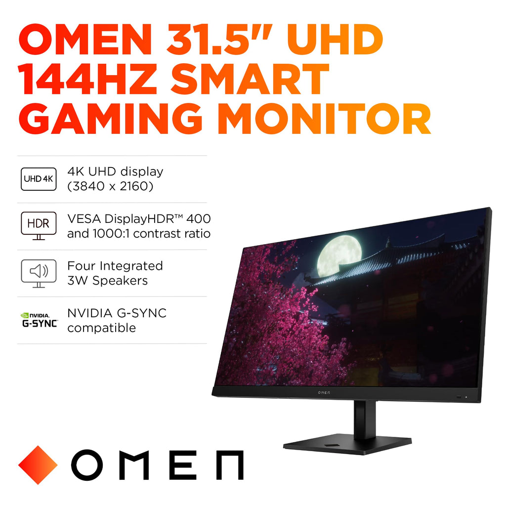HP OMEN 31.5 inch UHD 144Hz Smart Gaming Monitor, 4K UHD Display (3840 x 2160), IPS Panel Technology, VESA DisplayHDR 400, 1ms GtG (with Overdrive), NVIDIA G-SYNC Compatible, Black, OMEN 32x (2025)