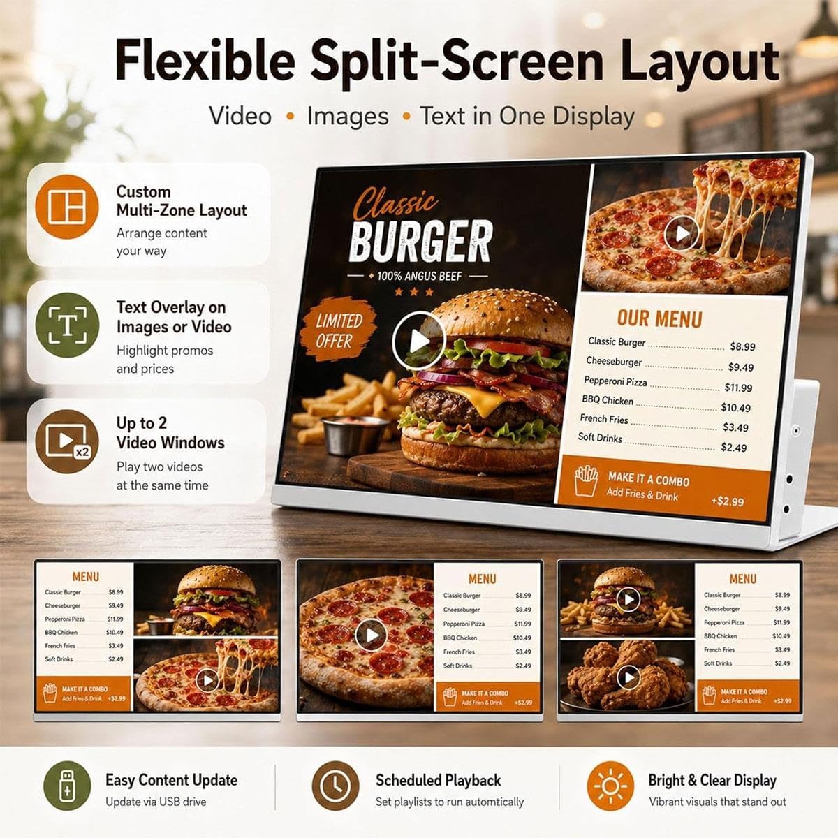 Desktop Digital Menu Board,Split-screen & USB Play,Menu Scheduled