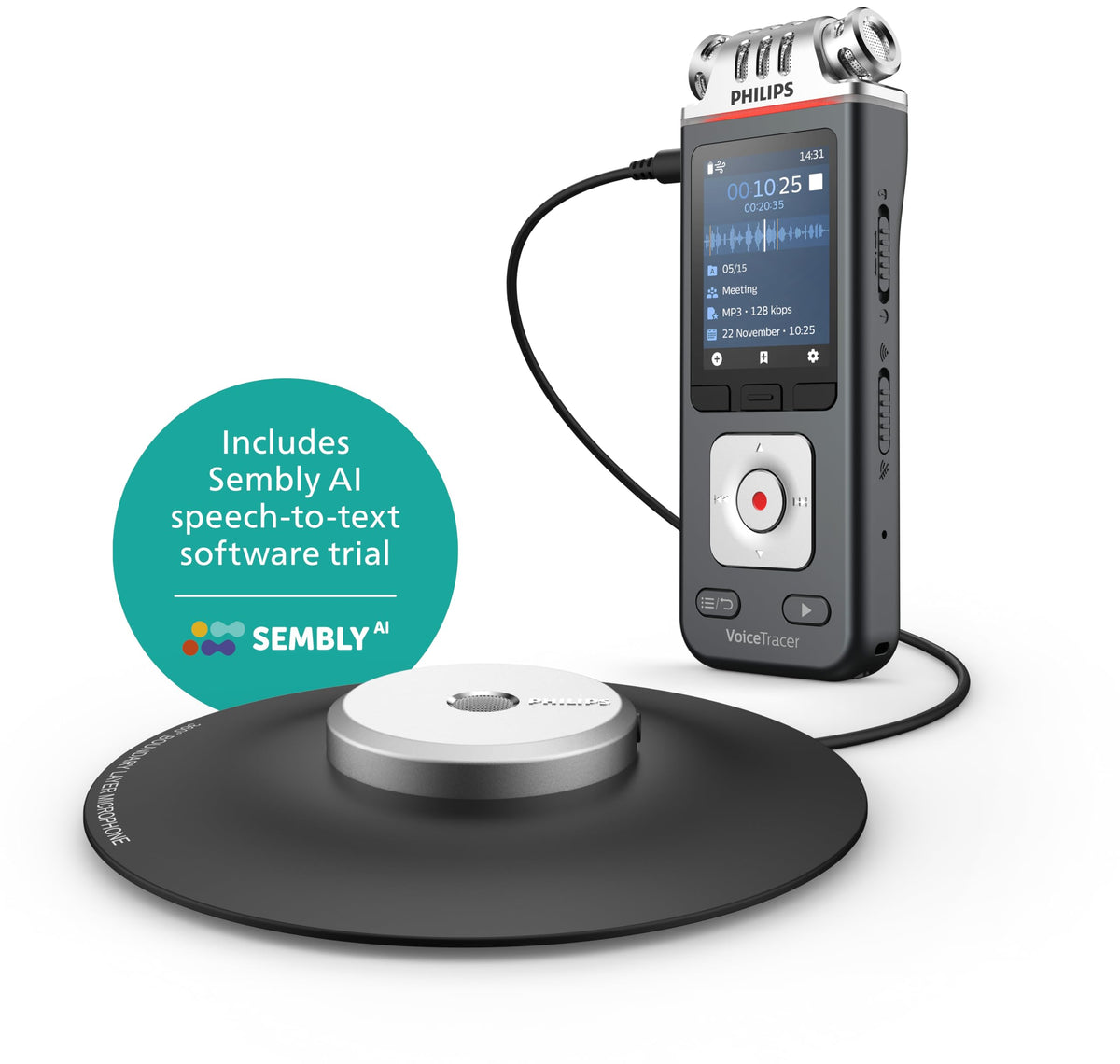 Philips VoiceTracer DVT8115 Meeting Recorder with Sembly AI Speech-to-Text Software Trial