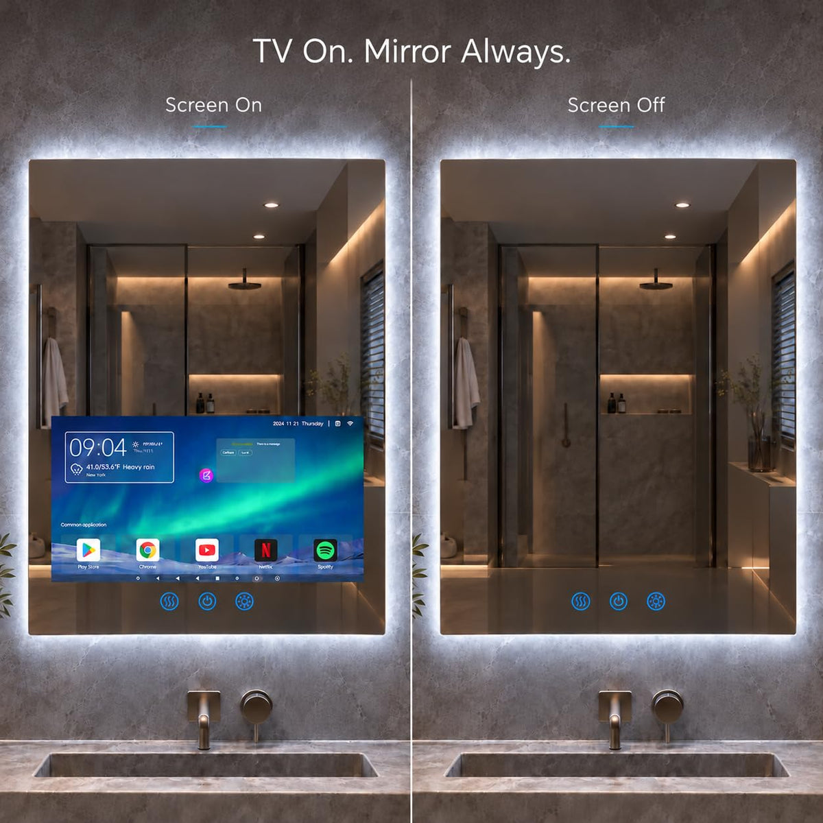 24″ W × 32″ H LED Smart Bathroom Mirror with 21.5″ Hidden Touchscreen