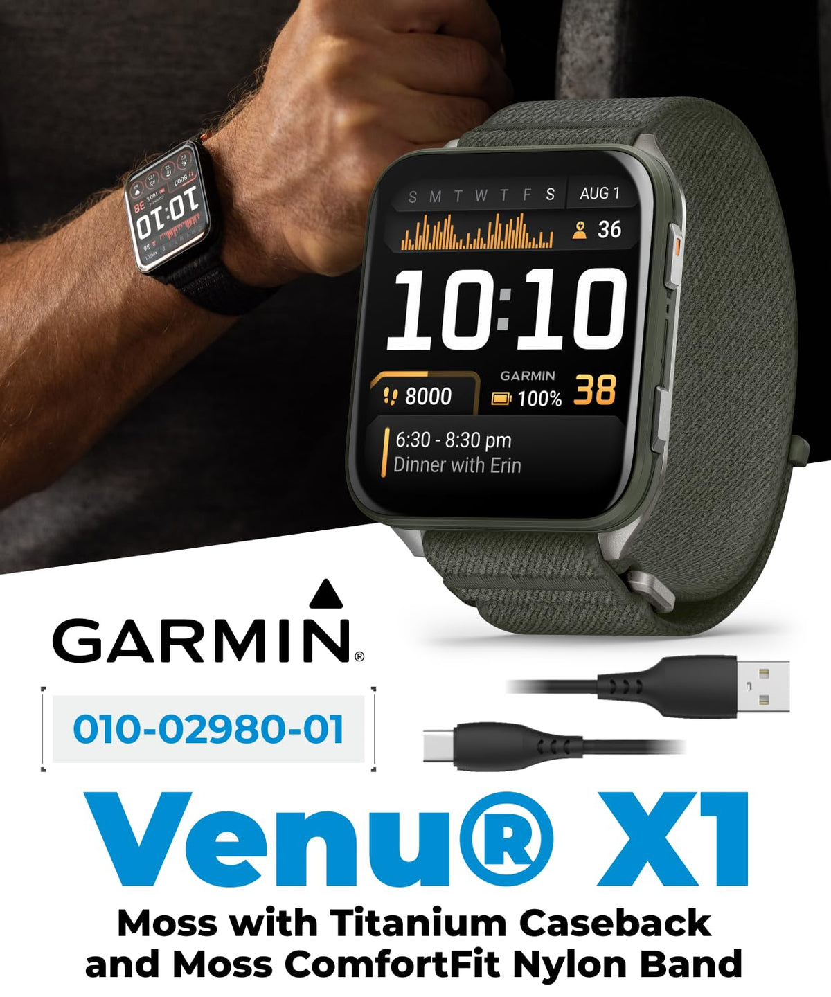 Garmin Venu X1 Thin and Lightweight GPS Smartwatch, AMOLED Display, Moss with Titanium Caseback and Moss ComfortFit Nylon Band White Earbuds Bundle