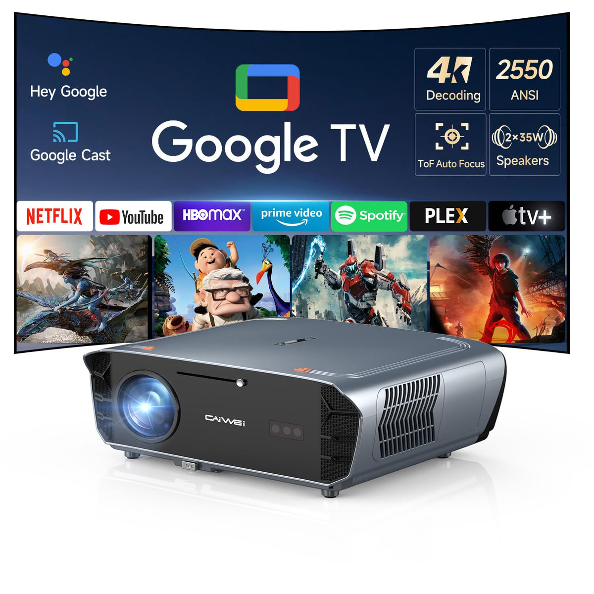 4K Google TV Projector with 2 Wireless Microphones for Home Karaoke & Backyard Parties, 3000 ANSI Lumens, 70W Dolby Audio, ToF Auto Focus/Keystone, NFC Casting, WiFi 6 Bluetooth, HDMI ARC, AI-PQ HDR10