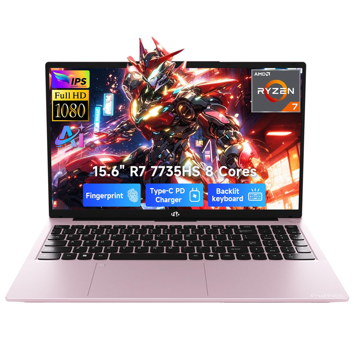 NIMO 15.6" FHD Light Gaming Laptop, 8 Cores AMD R7 7735HS 64GB RAM 1TB SSD