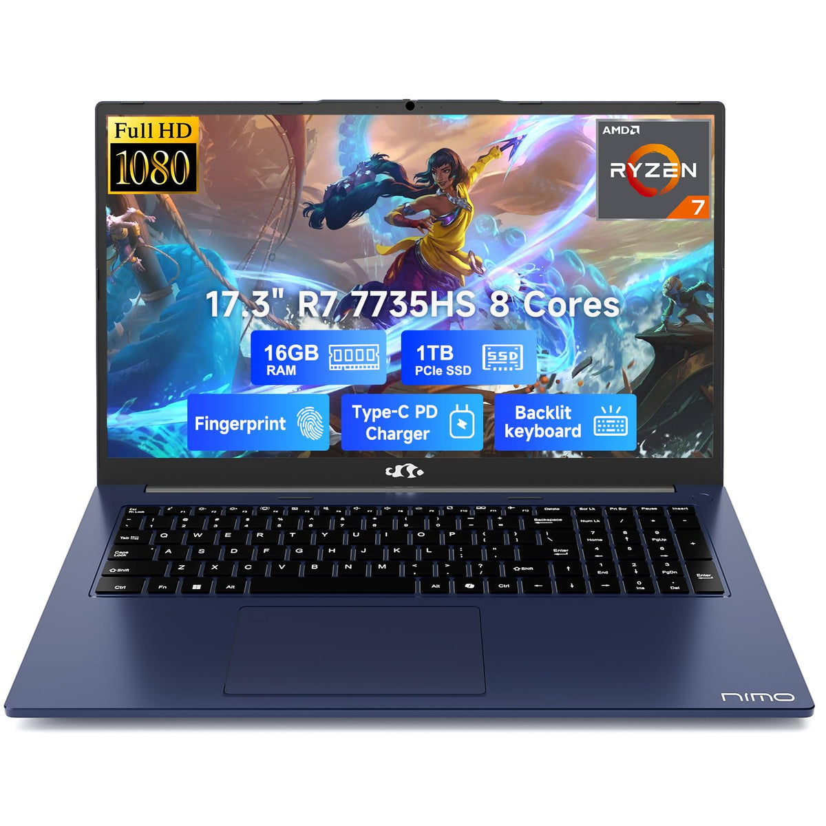 NIMO 17.3" AI Light-Gaming Laptop, AMD Ryzen 7 7735HS, 16GB DDR5 1TB SSD