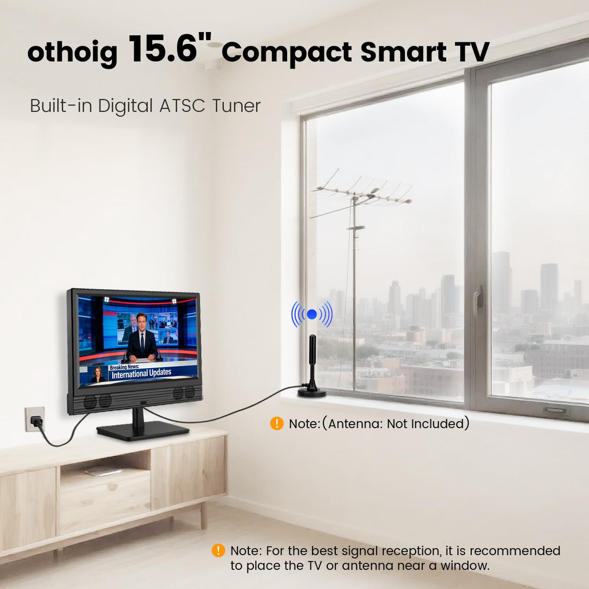 othoig 15.6 Inch Small Smart TV, FHD 1080p Compact Smart TV with Built-in Apps, WiFi & Bluetooth, ATSC Digital Tuner, HDMI/USB/AV Inputs, 110–220V AC Power TV for Kitchen, Bedroom, RV, Camper, Truck