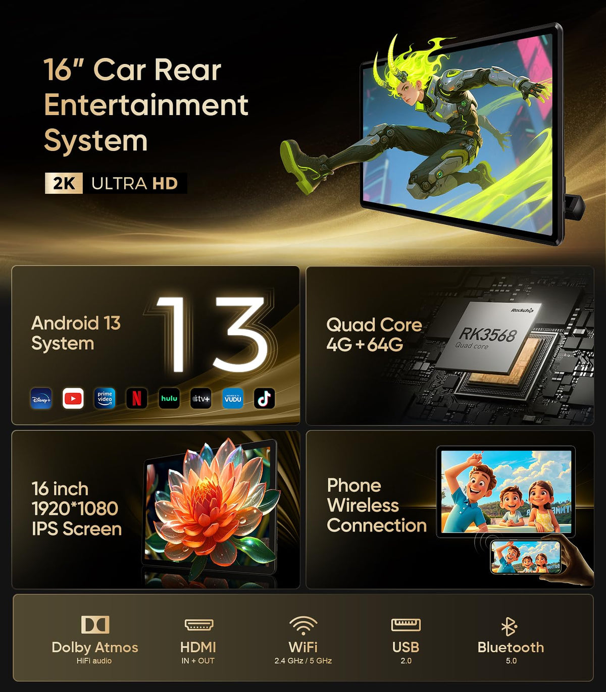 16" Android Car TV Headrest Monitor(Pair),Support Phone Mirror/WiFi/HDMI