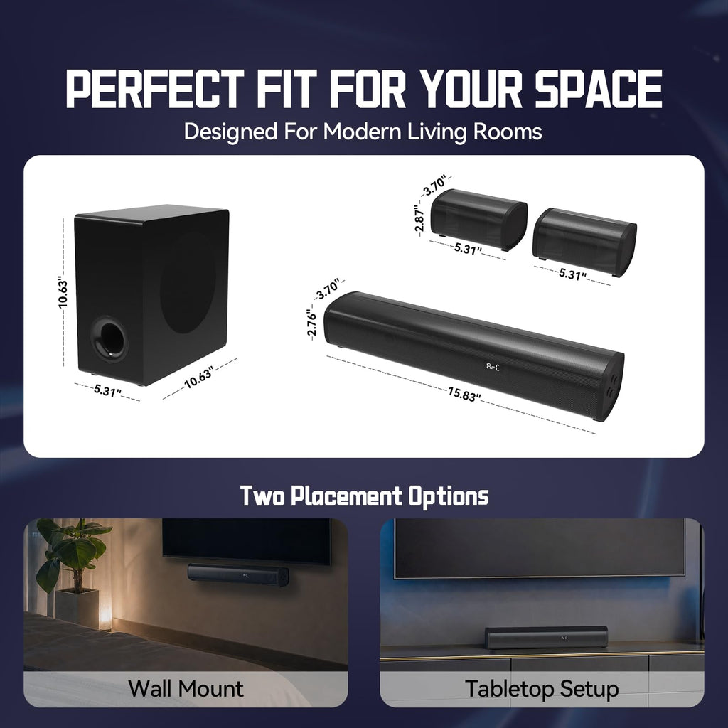 Sound Bar Bluetooth Surround Sounds, Home Theater Sound Bar System, TV Sounds Bars Subwoofer Wireless 5.1CH Surround Speakers Home Theater Surrounds Sound System HDMI AUX Opt USB, Black