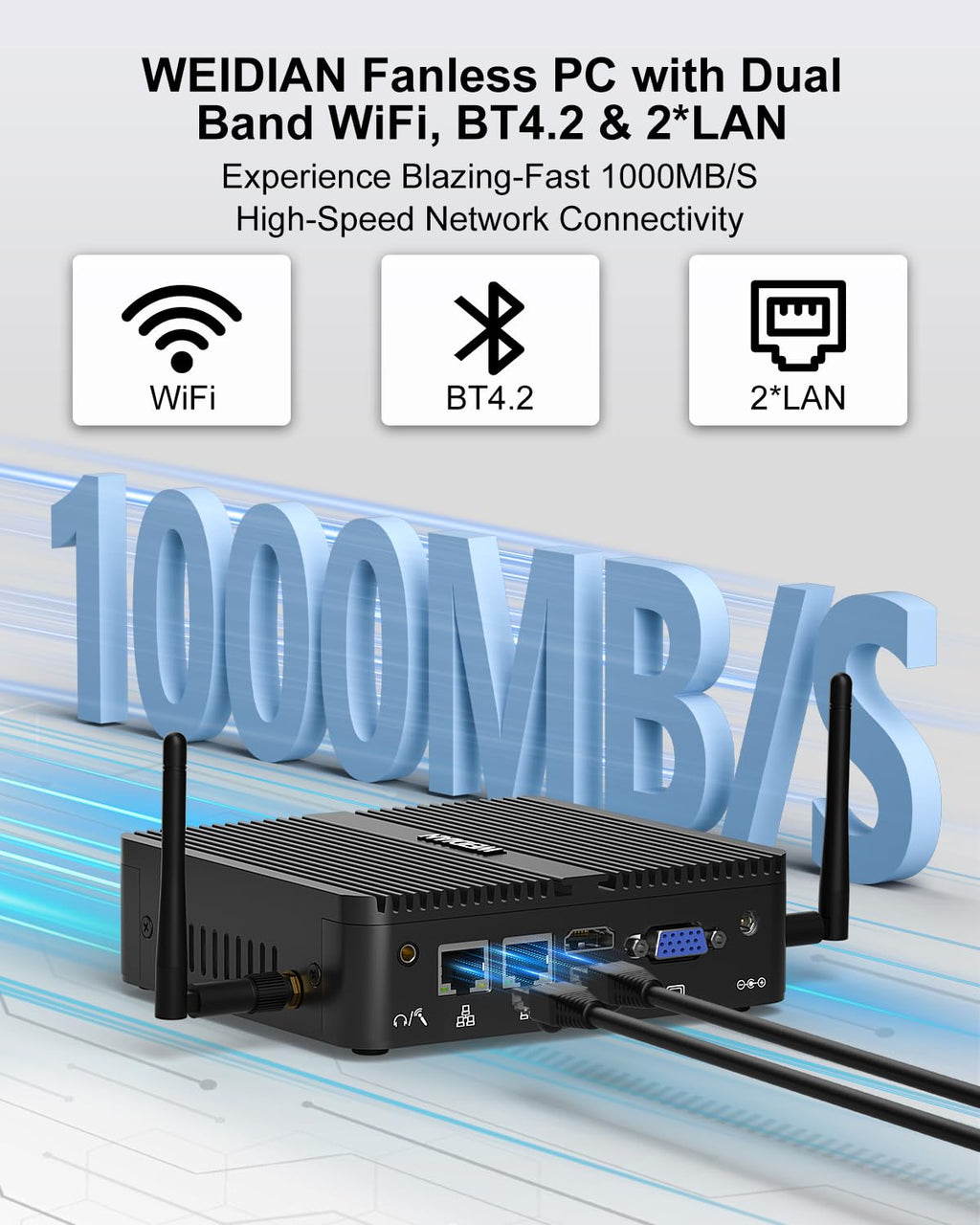 WEIDIAN Fanless Mini PC, Industrial PC, Mini Computer N100(up to 3.4GHz), 4K HD+VGA Dual Dispaly Output, 2Gigabit Ethernet, 4USB, 2RS232 COM, Win11, WiFi, BT(32GB RAM 512GB SSD 2TB HDD)
