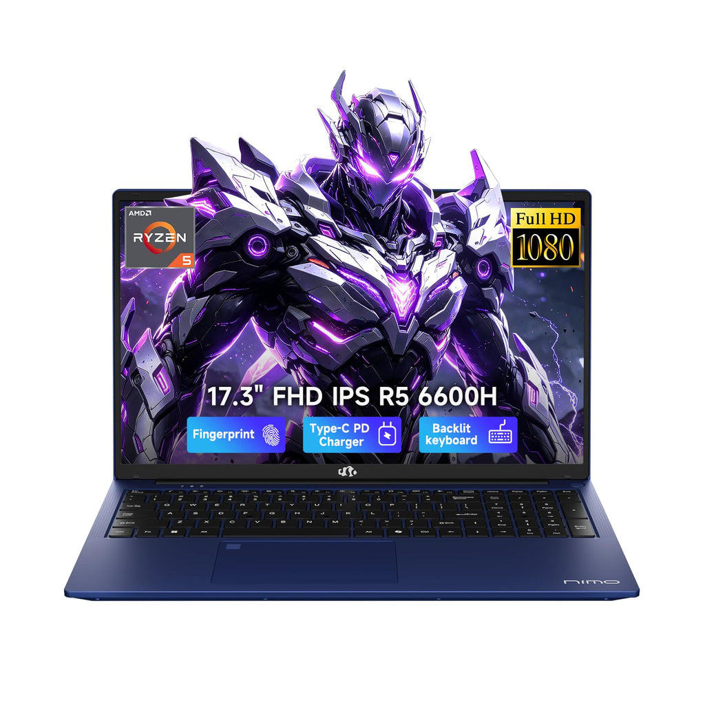NIMO 17.3" FHD AI Laptop, 16GB 5600MHz DDR5 512GB SSD 6-Core AMD R5 6600H