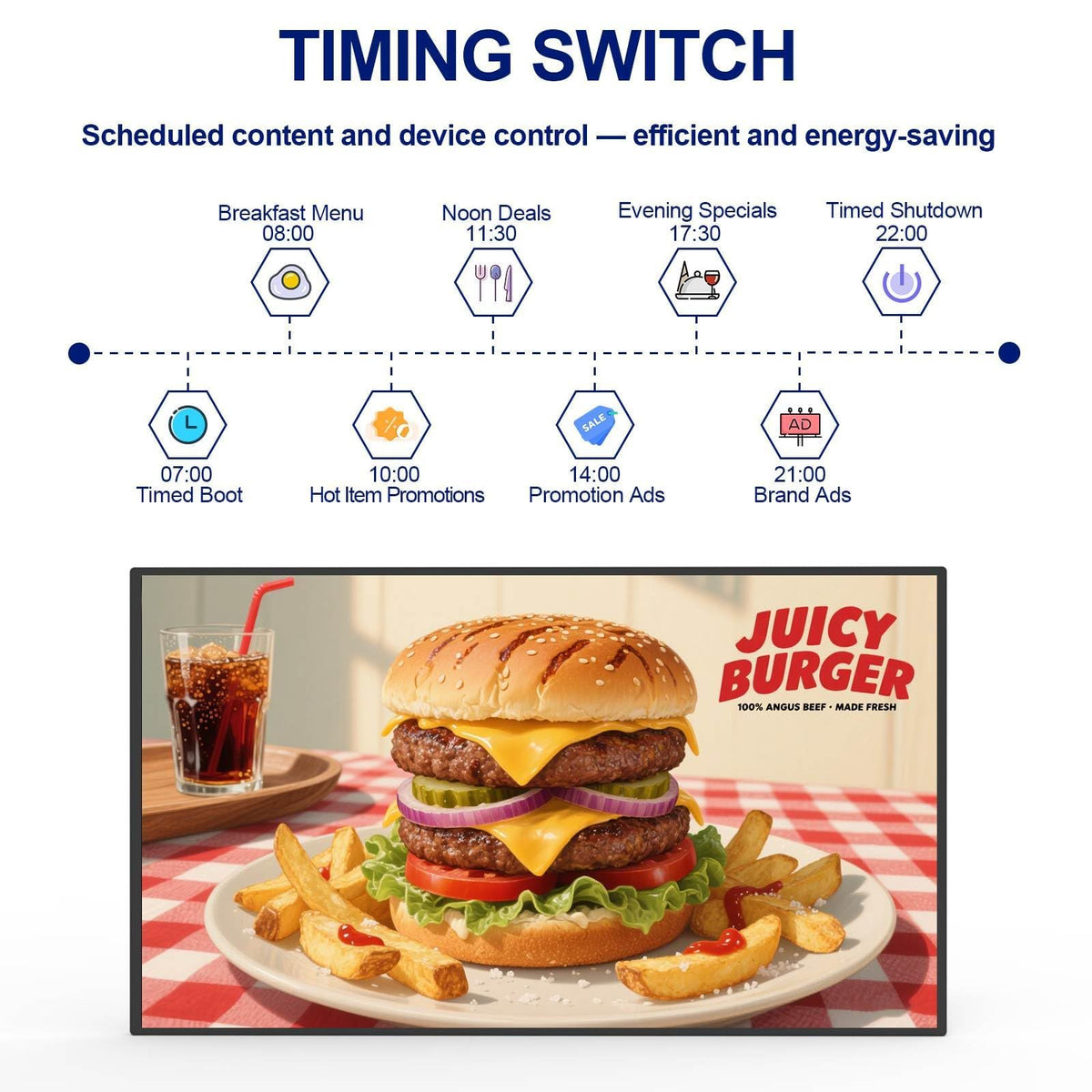 32inch Digital Signage, 2500nits High Brightness Advertising Display, Slim Fit Frameless LCD Monitor, CMS Remote Publishing, 24/7 Operation, Smart Split Screen Play, HDMI/USB/WiFi/Android System