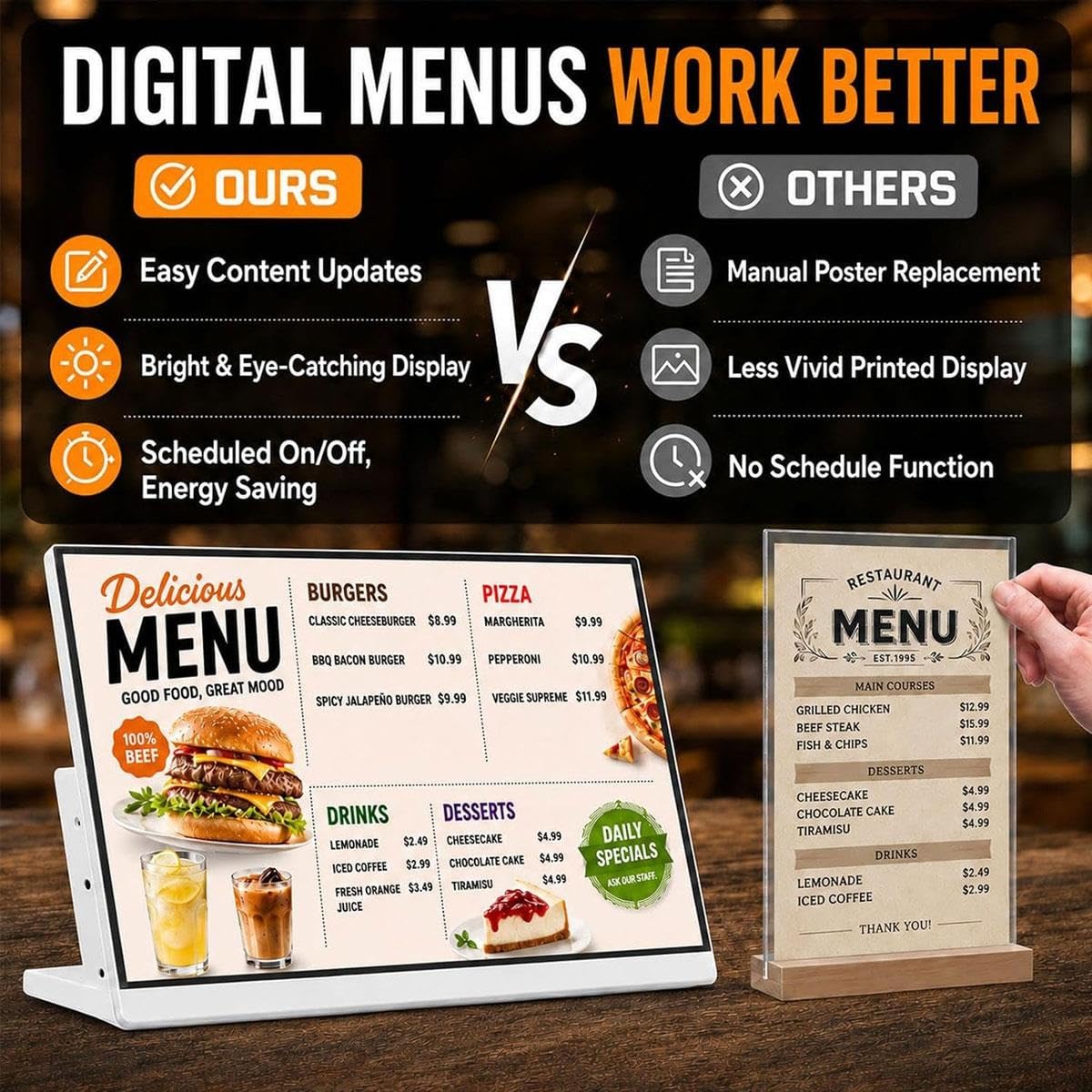 Desktop Digital Menu Board,Split-screen & USB Play,Menu Scheduled