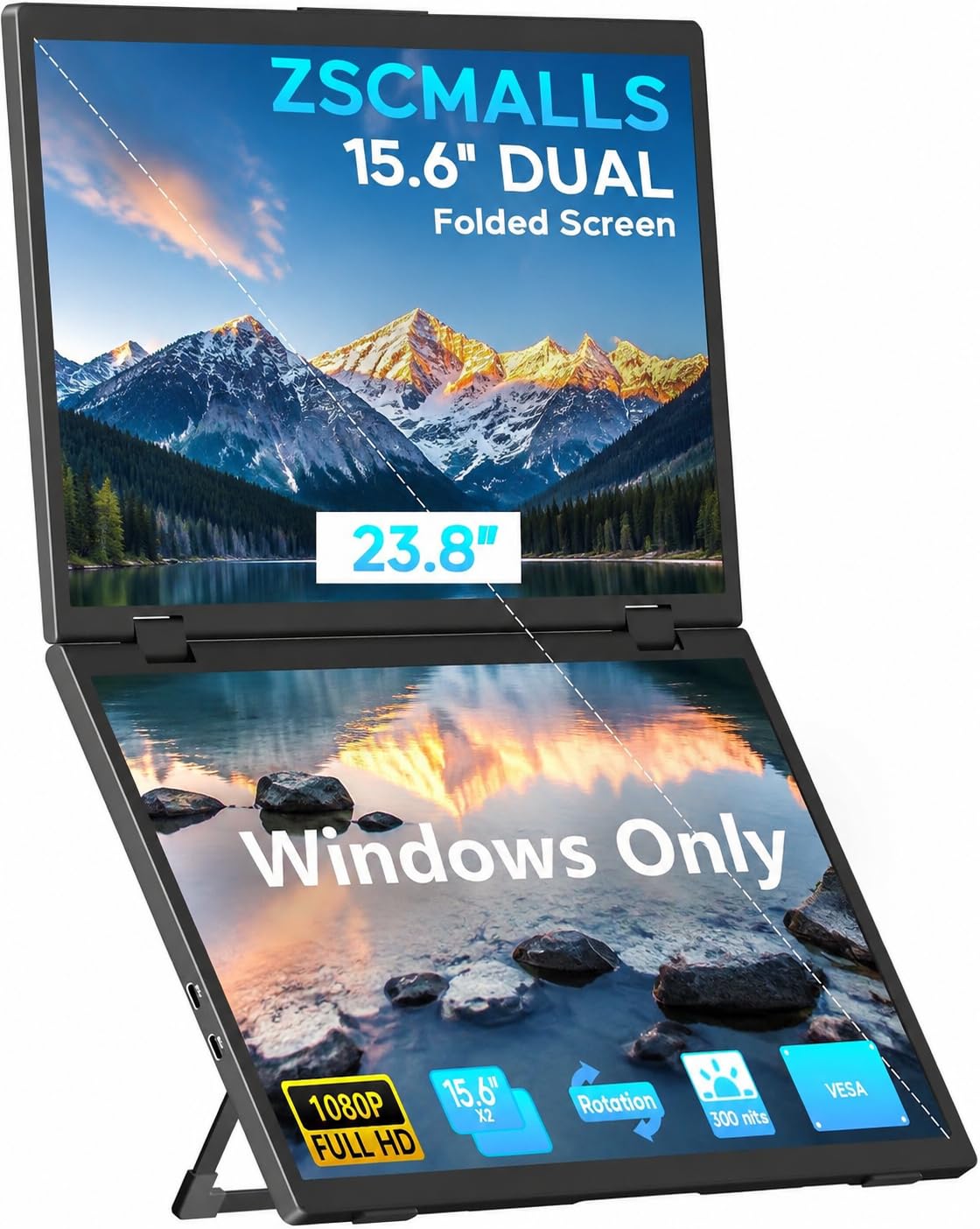 ZSCMALLS Laptop Screen Extender-15.6" Dual Portable Monitor for Laptop USB-C HDMI Stacked Folding Triple Monitor Travel Display with Kickstand VESA for Windows Mac