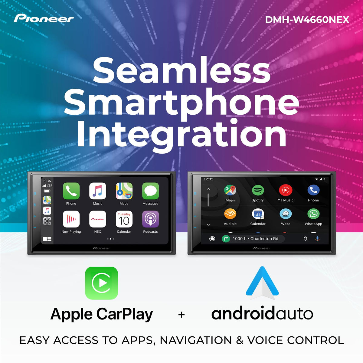 Pioneer DMH-W4660NEX 6.8" Capacitive Touchscreen, Double Din – Wireless & Wired Apple CarPlay & Android Auto, Amazon Alexa Built-in, Bluetooth, HD Radio, Backup Camera, FLAC, Hi-Volt RCA