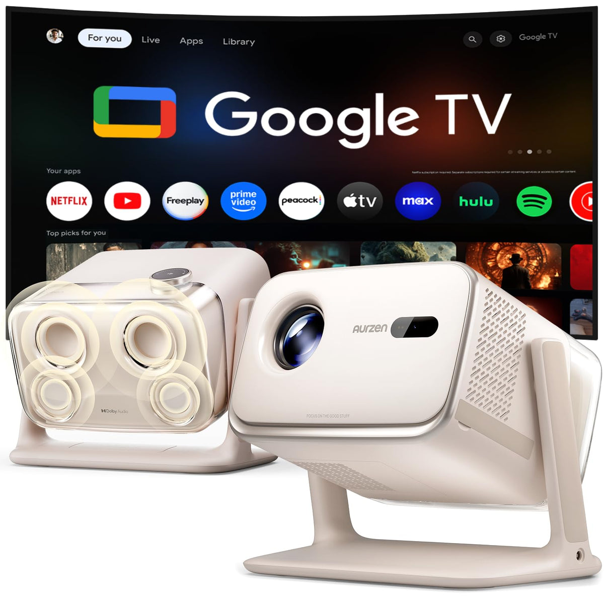 Aurzen BOOM mini Google TV Outdoor Smart Projector with 20W Dolby Audio