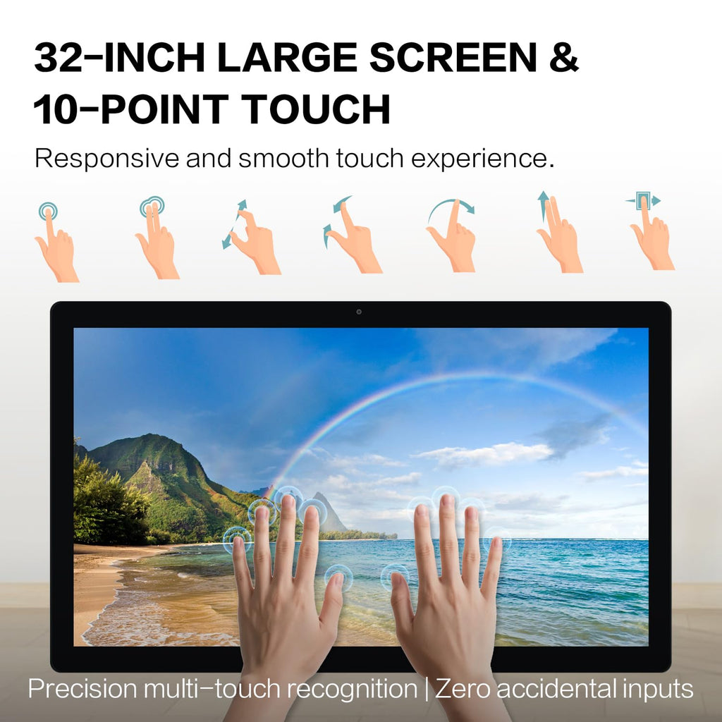 32 inch Smart Screen - Android 11 Touchscreen Monitor with Built-in Speakers, 2.0 MP Camera, 4G & 32G, HDMI Out, Digital Signage for Commercial Display, Wall-Mountable or Desktop