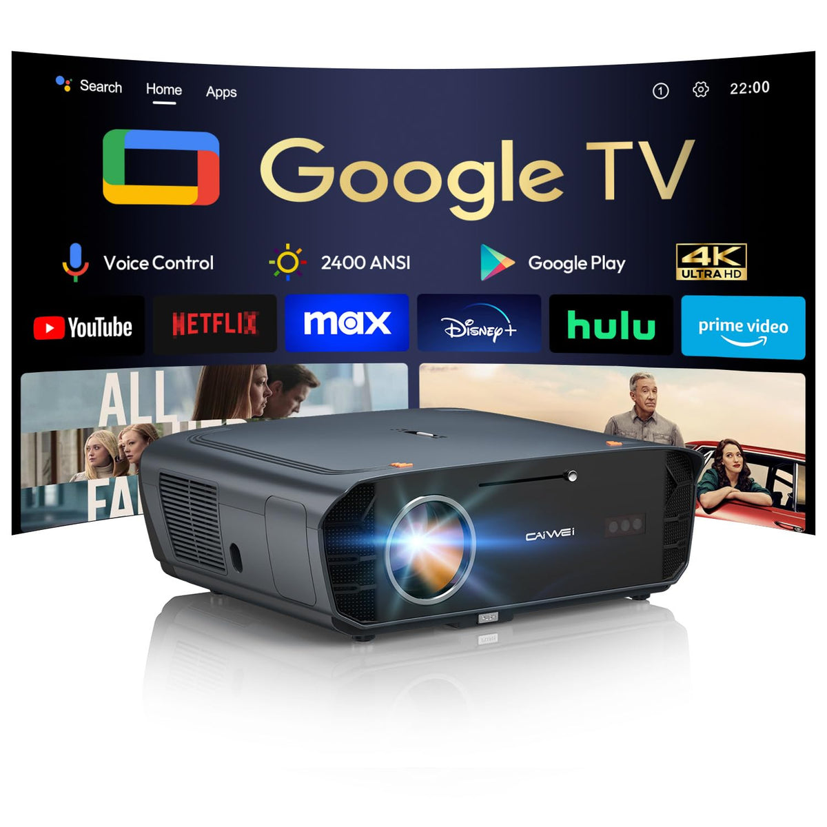 4K Google TV Projector with 2 Wireless Microphones for Home Karaoke & Backyard Parties, 3000 ANSI Lumens, 70W Dolby Audio, ToF Auto Focus/Keystone, NFC Casting, WiFi 6 Bluetooth, HDMI ARC, AI-PQ HDR10