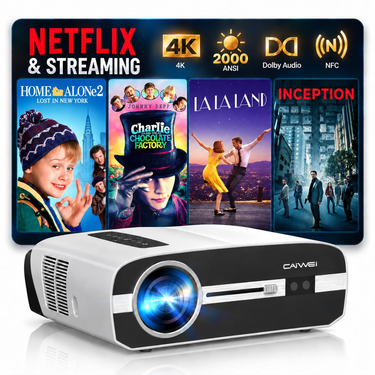 4K Daylight Led Projector,2400 ANSI High Lumens,Netflix built in apps,WiFi And Bluetooth,HDR10,ToF Auto Focus,70w Dolby Audio,HDMI eARC,low latency gaming projectors For Home cinema, Ceiling & Outdoor