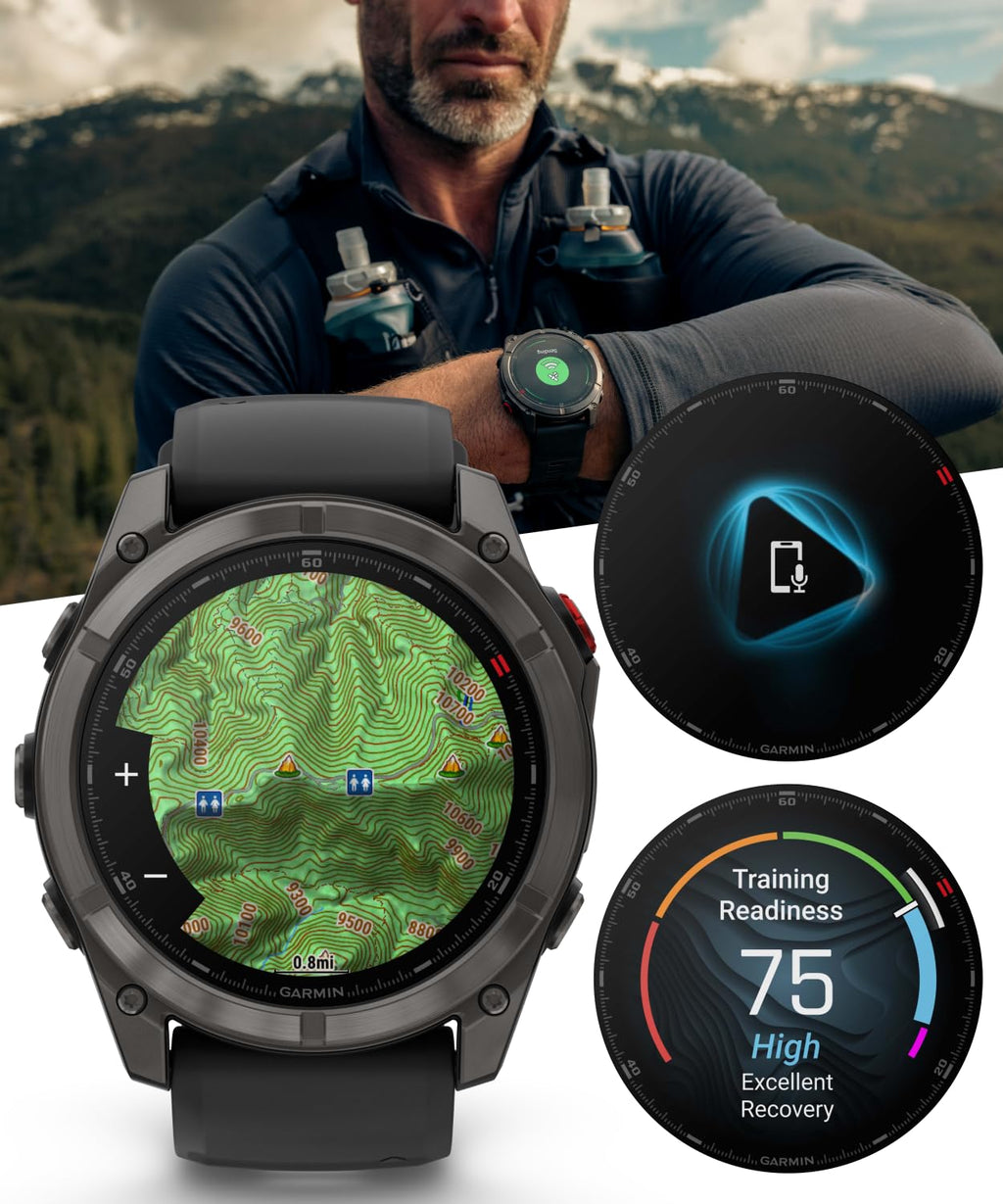 Wearable4U Garmin Fenix 8 Pro – 51mm AMOLED LTE & Satellite Connected Multisport GPS Smartwatch, inReach Technology: Sapphire Carbon Gray DLC Titanium w/Black-Pebble Gray Silicone Band Power Bundle