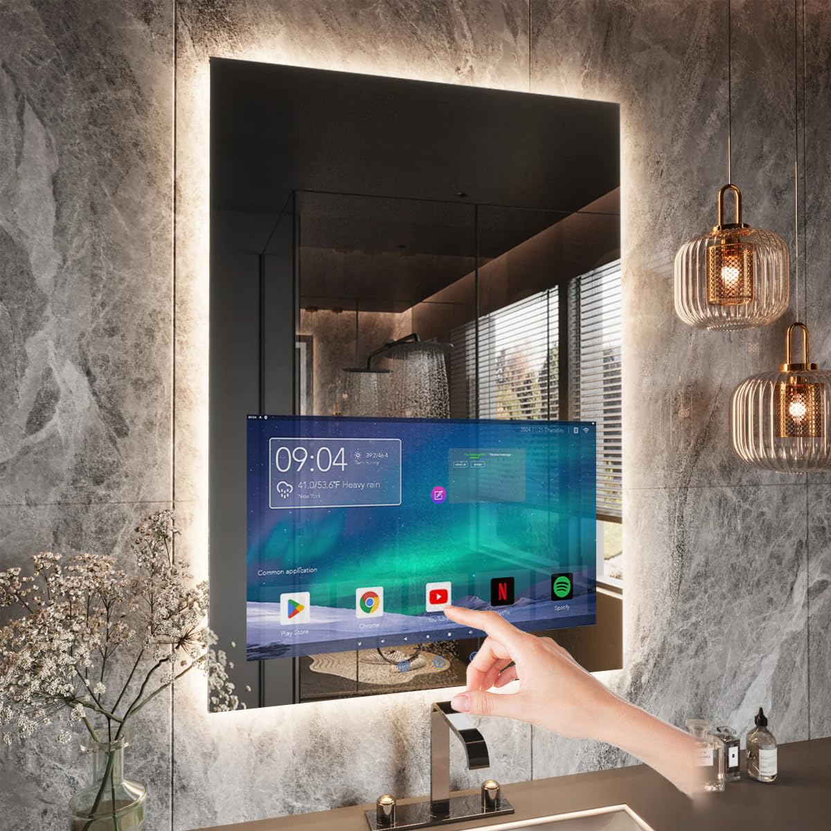 24″ W × 32″ H LED Smart Bathroom Mirror with 21.5″ Hidden Touchscreen