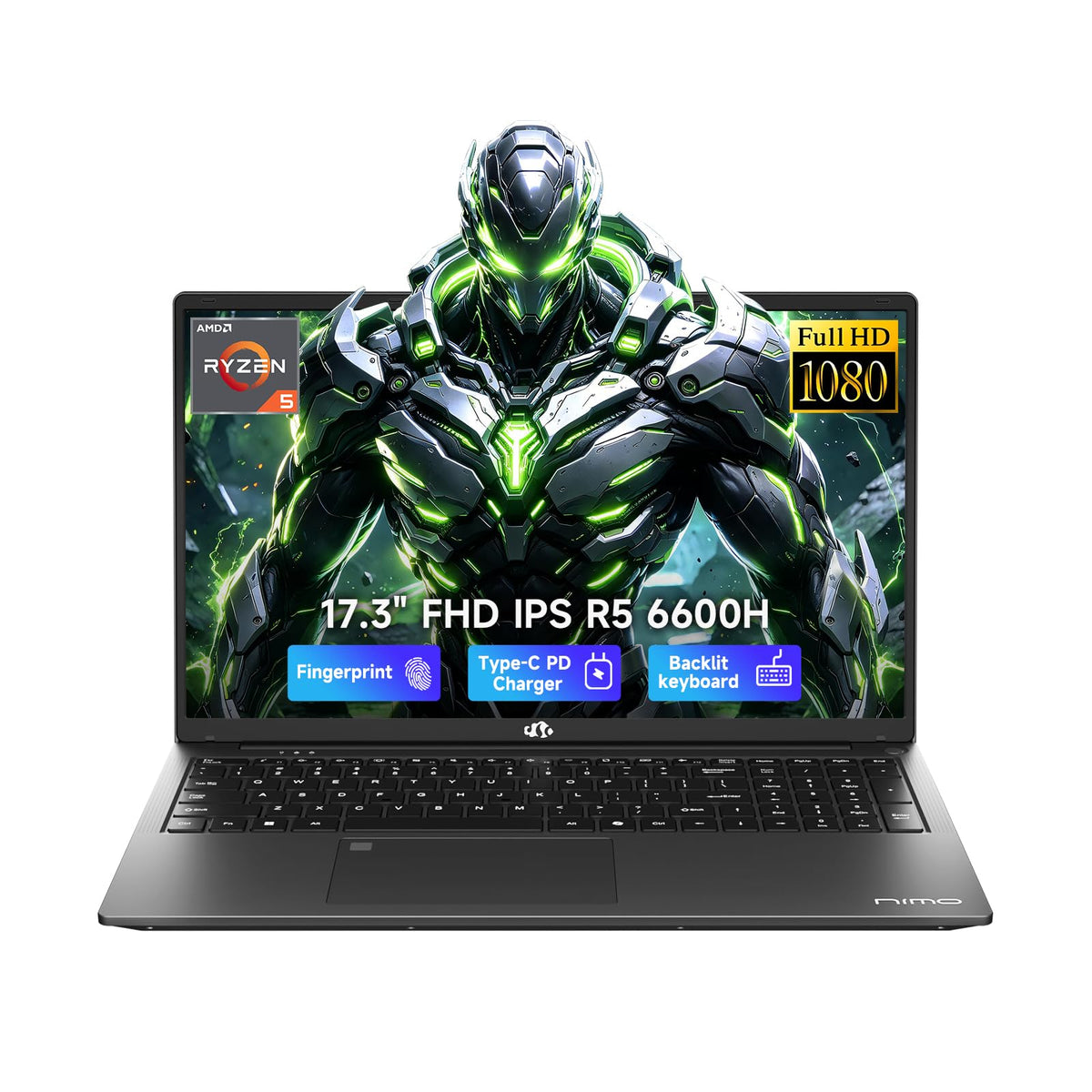 NIMO 17.3" FHD AI Laptop, 16GB 5600MHz DDR5 512GB SSD 6-Core AMD R5 6600H