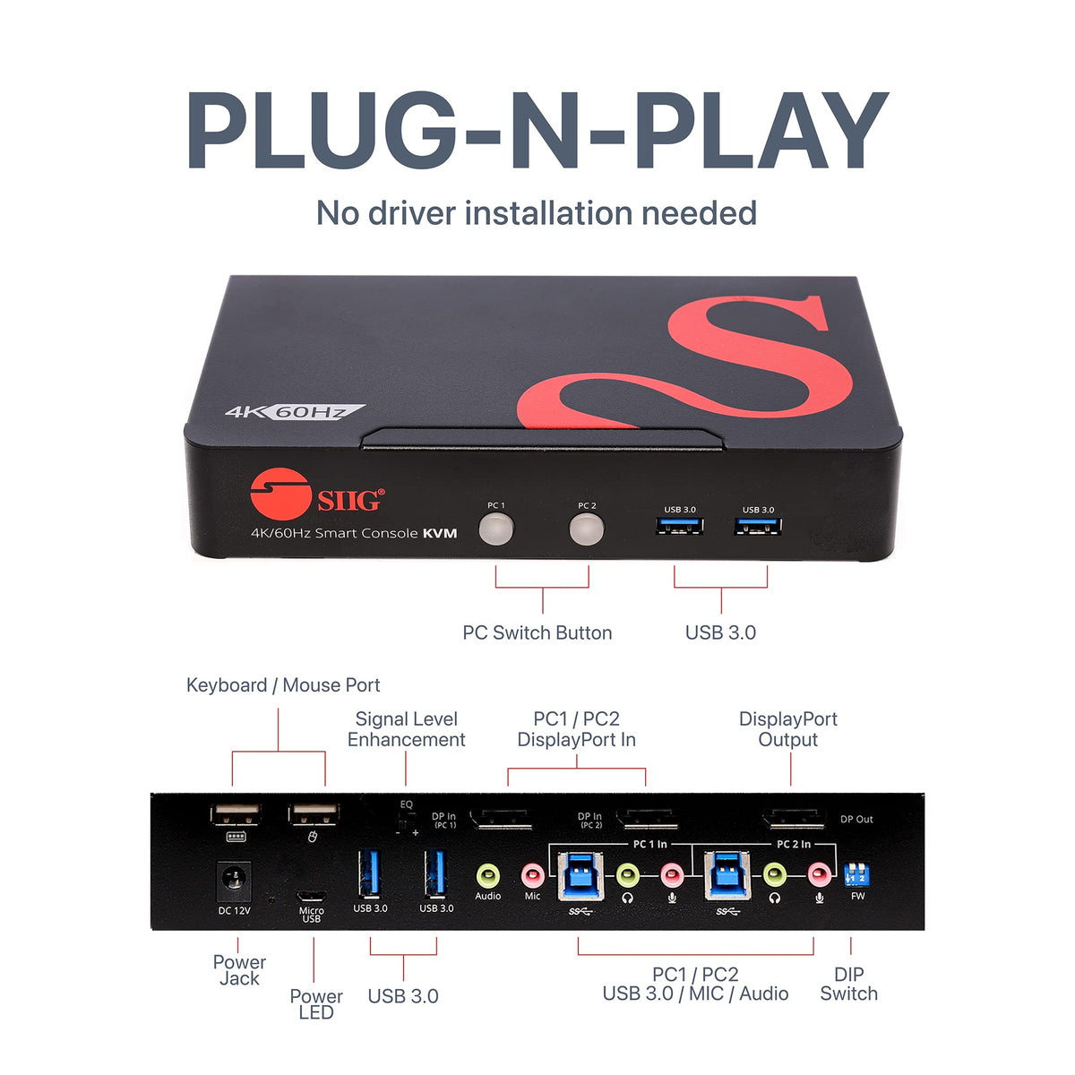 SIIG 2-Port 4K60 DisplayPort KVM, USB 3.0, TAA, CE-DP0F11-S1