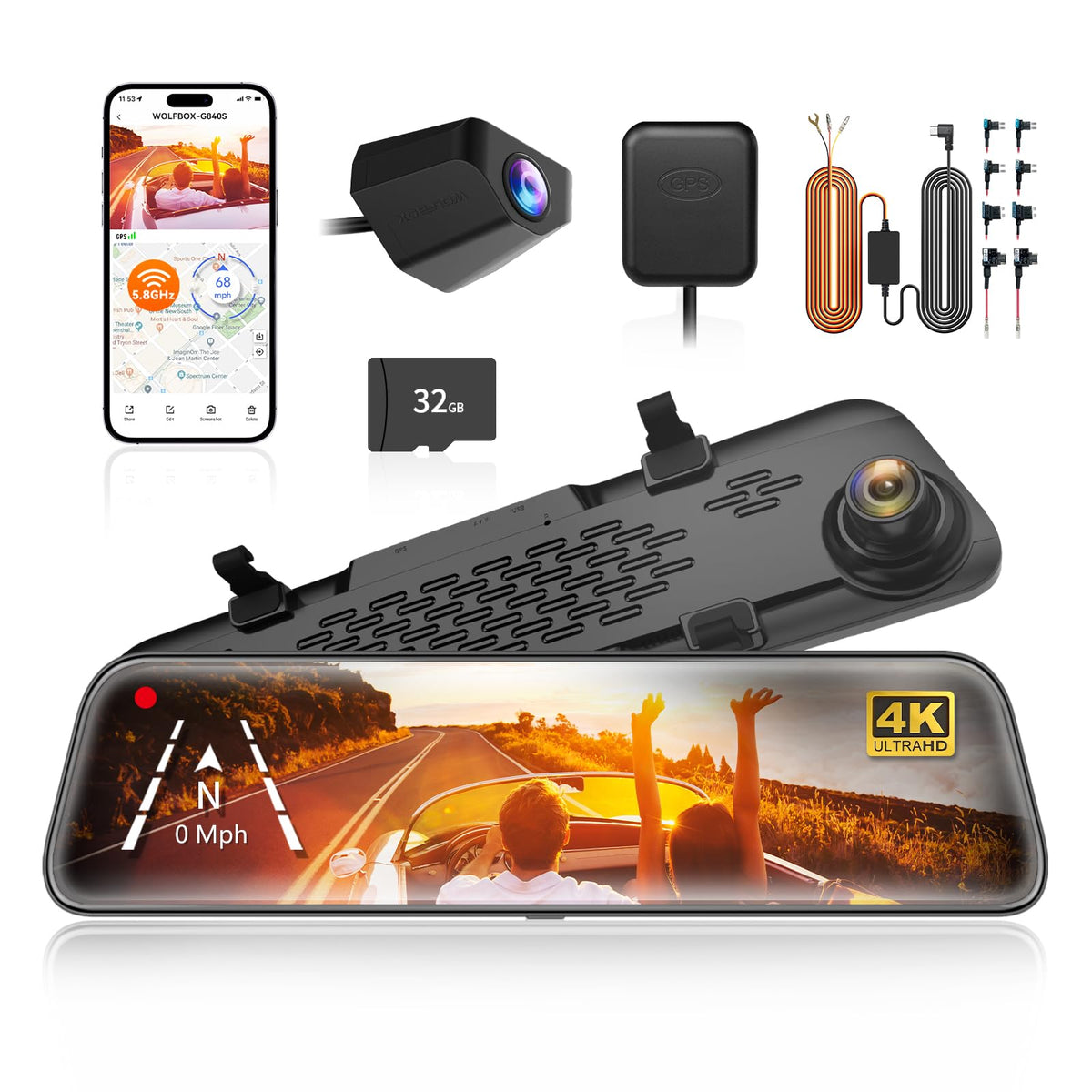 WOLFBOX G840S & 4A USB C Dash Cam Hardwire Kit