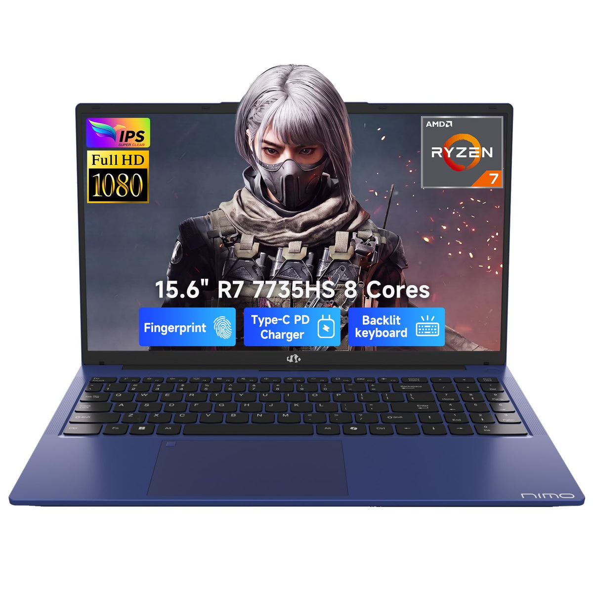 NIMO 15.6" AI Light Gaming Laptop 2026| AMD Ryzen 7 7735HS 32GB RAM 1TB SSD|8 Cores Up to 4.75GHz Radeon 680M Graphics| 100W PD Fingerprint| Windows 11 Computer for Creator College Streaming