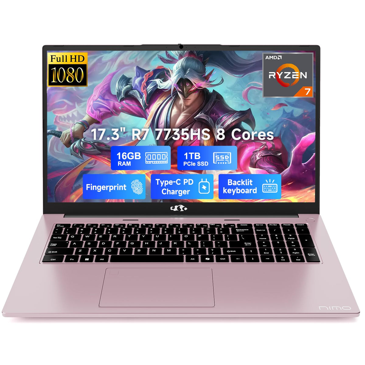 NIMO 17.3" AI Light-Gaming Laptop, AMD Ryzen 7 7735HS, 16GB DDR5 1TB SSD