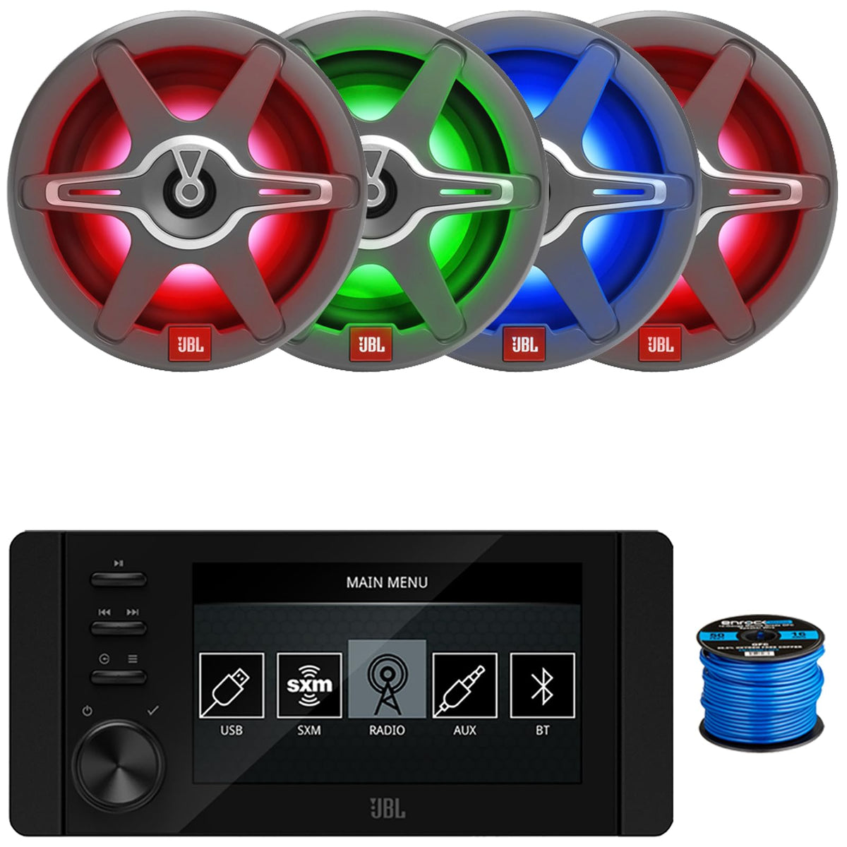 Marine Bluetooth USB-C DAB+ Tuner AM/FM Radio Gauge Style SiriusXM-Ready Receiver, 4X 6.5 225W Max 2-Way RGB LED Boat Speakers with White and Gray Grilles, 50 Feet 16 Gauge Speaker Wire