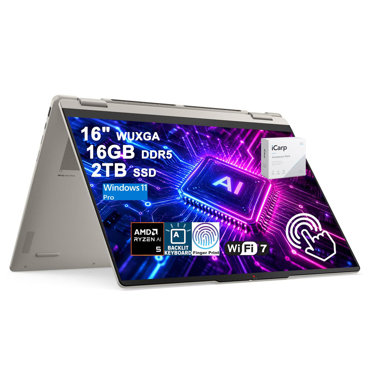 Lenovo Yoga 7 2-in-1 AI Laptop 16" WUXGA Touch AMD 4-core Ryzen AI 5 430 (Up to 50 NPU Tops) 16GB DDR5 2TB SSD Backlit Fingerprint Wi-Fi7 for Creator Business Professional Win11 Pro ICP Accessory