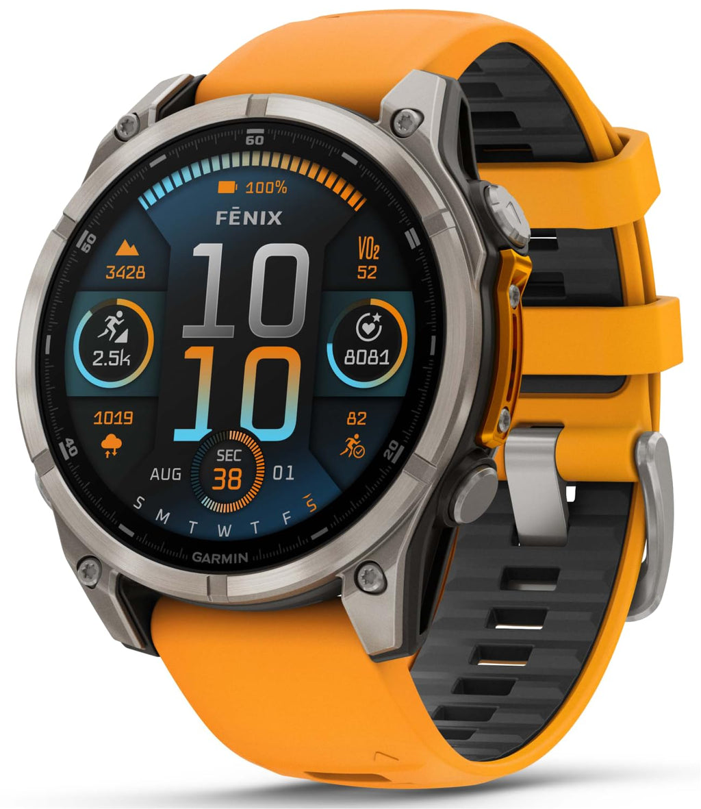 Garmin Fenix 8 – 47 mm, AMOLED Sapphire Multisport GPS Smartwatch,Titanium with Spark Orange/Graphite Silicone Band, Built-in LED Flashlight White Earbuds Bundle