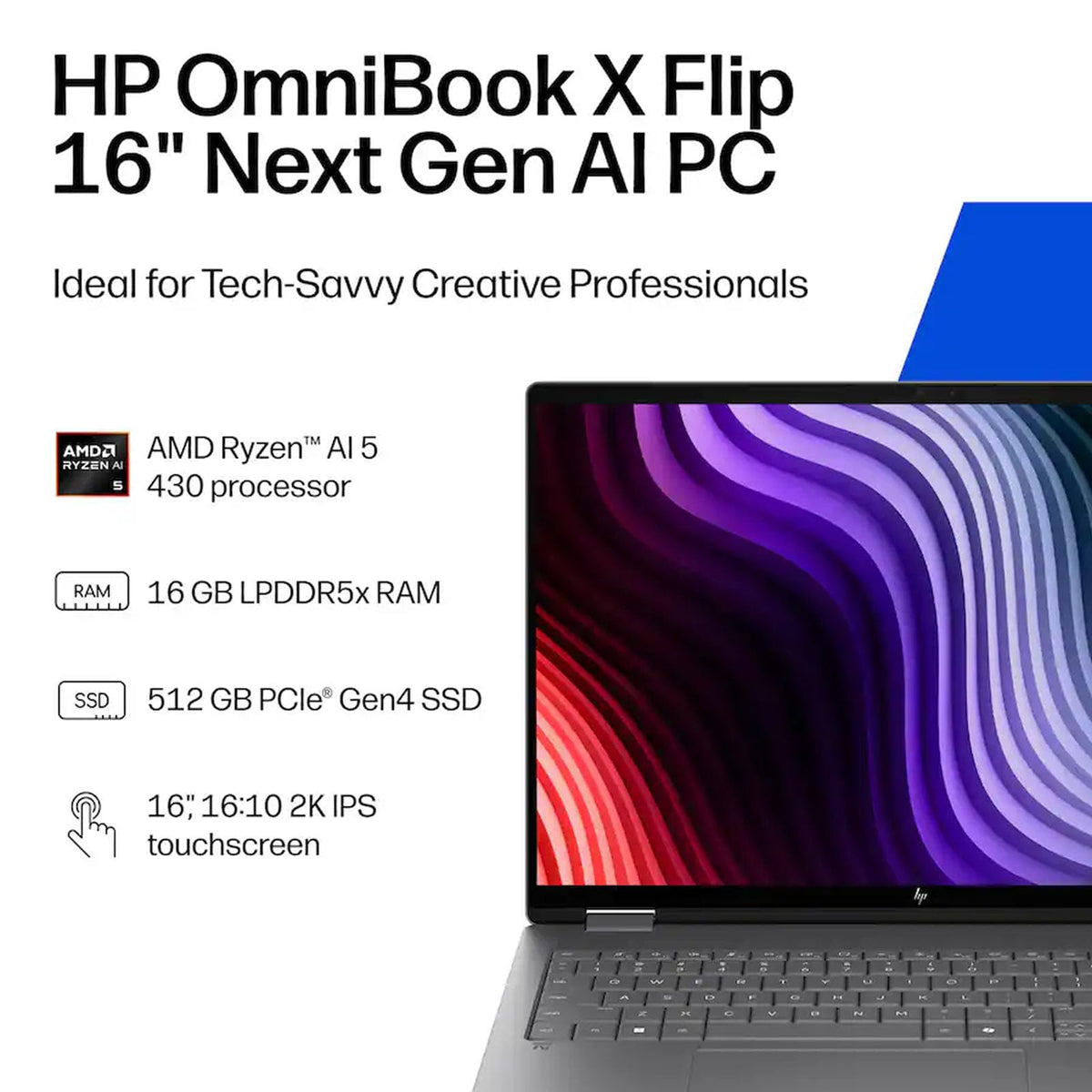 HP OmniBook X Flip 2-in-1 Laptop, 16" 2K IPS Touchscreen, AMD Ryzen AI 5 430, Radeon 840M Graphics, 16GB LPDDR5X, 512GB SSD, Long Battery Life, Wi-Fi 7, Copilot+ PC, Windows 11 Home, Accessories