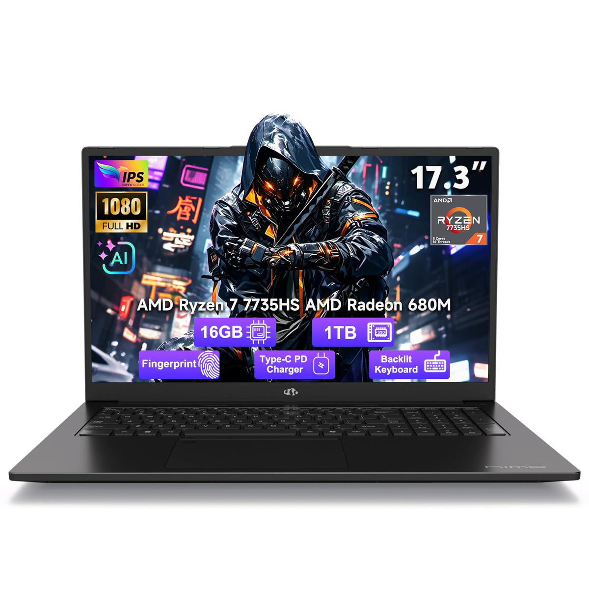 NIMO 17.3" Light Gaming Laptop, 8 Cores AMD Ryzen 7 32GB DDR5 2TB SSD