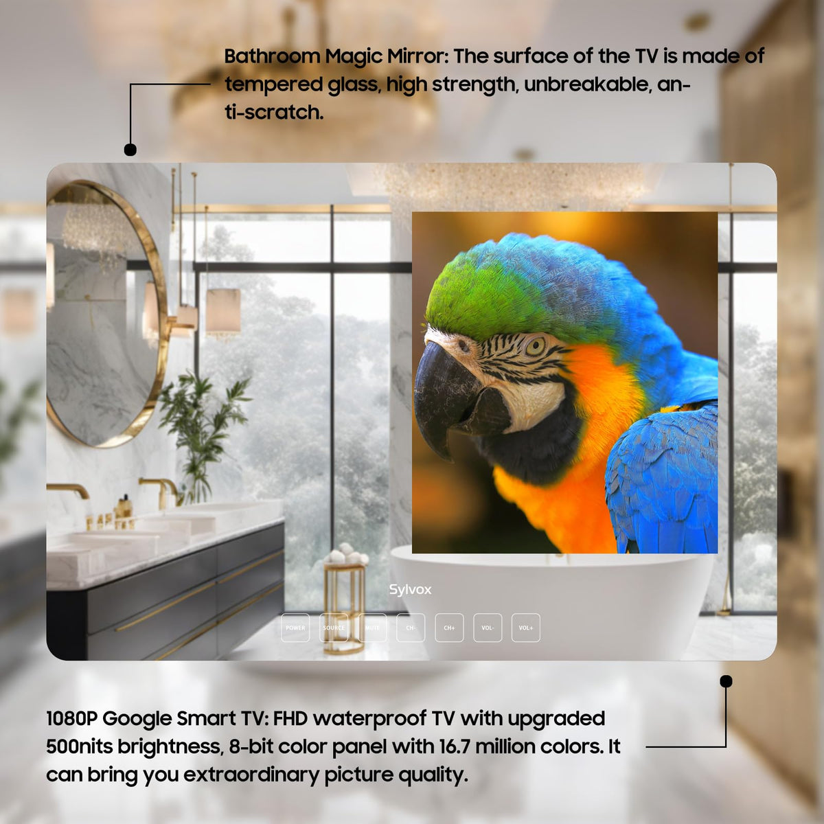 SYLVOX 32'' Smart TV, 12volt Bathroom Magic Mirror, IP66 Waterproof TV