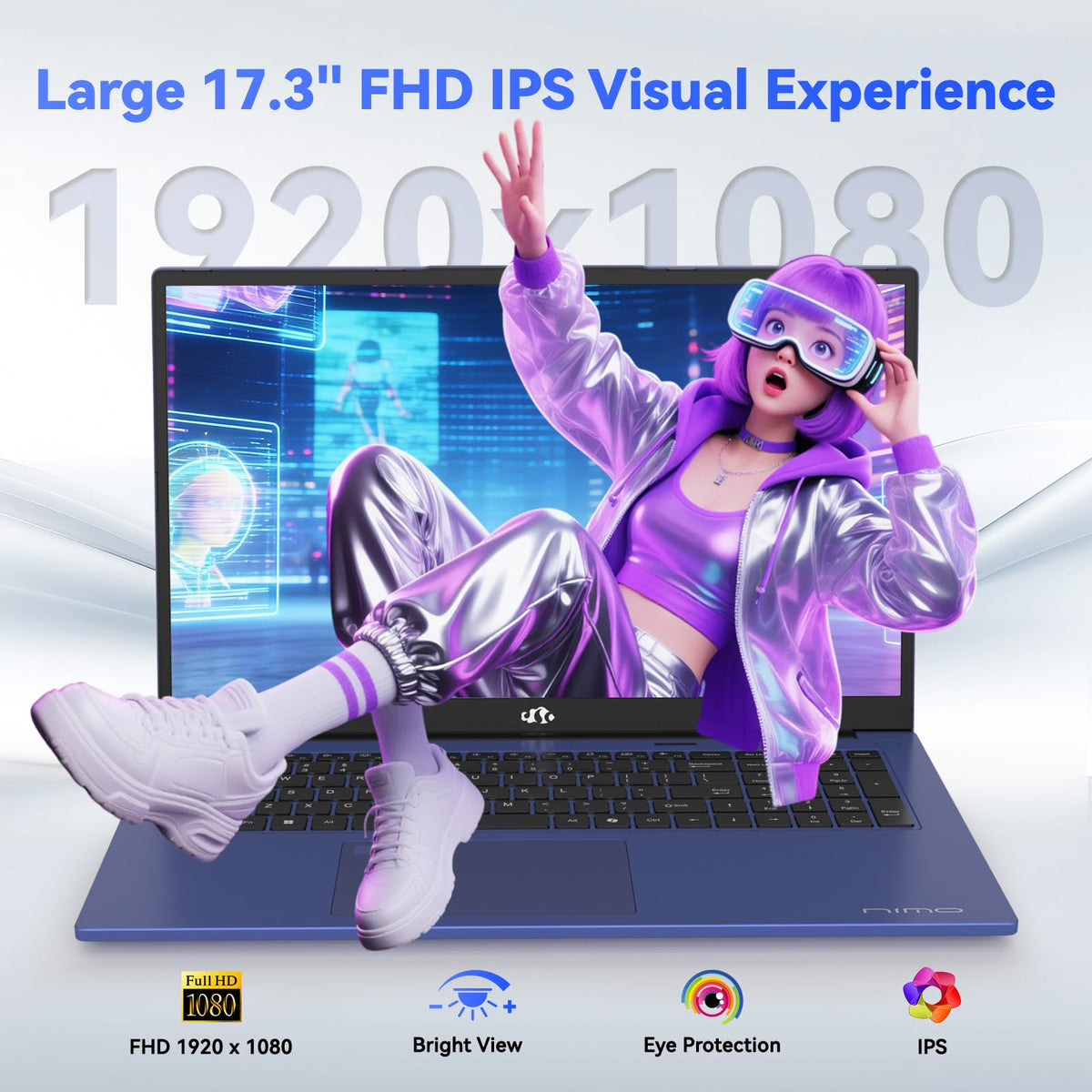 NIMO 17.3" FHD Laptop, AMD Ryzen 7 7735HS (8-Core Beat i5-13500H), 32GB DDR5 1TB PCIe 4.0 SSD, Win11 Backlit KB Fingerprint Reader, 100W PD & 2Y Warranty for Business and Gaming