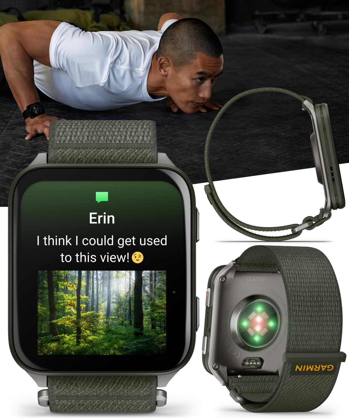 Garmin Venu X1 Thin and Lightweight GPS Smartwatch, AMOLED Display, Moss with Titanium Caseback and Moss ComfortFit Nylon Band Power Bank Bundle