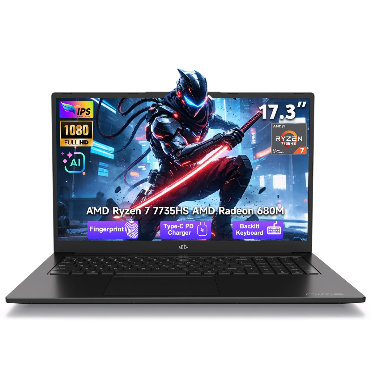 NIMO 17.3" FHD AI Laptop, AMD Ryzen 7 7735HS, 16GB DDR5 RAM 1TB SSD