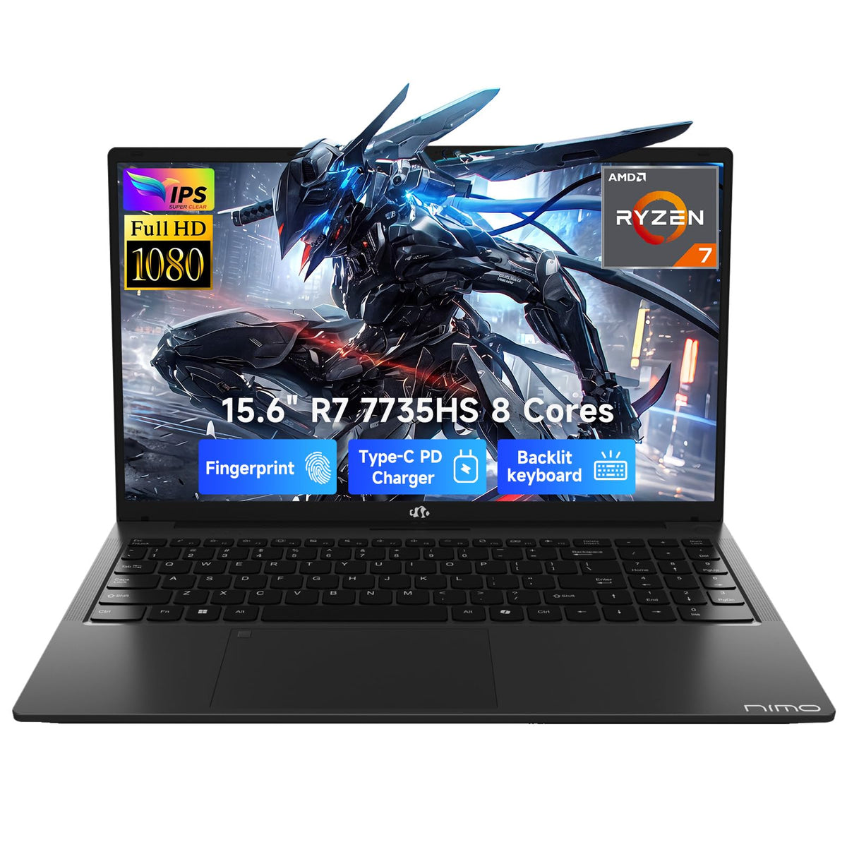 NIMO 15.6" AI Light Gaming Laptop 2026| AMD Ryzen 7 7735HS 32GB RAM 1TB SSD|8 Cores Up to 4.75GHz Radeon 680M Graphics| 100W PD Fingerprint| Windows 11 Computer for Creator College Streaming