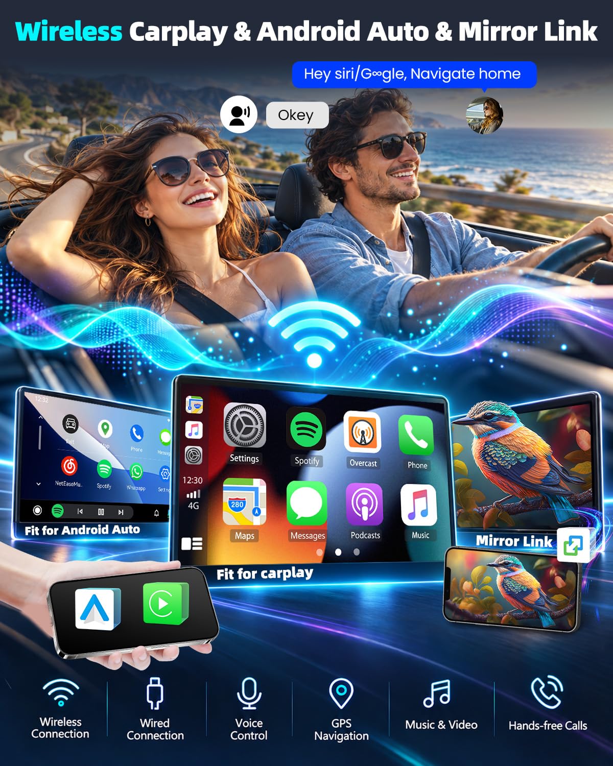 4+64G Car Radio for Dodge Grand Caravan 2011-2020/Chrysler Town&Country 2011-2016/Grand Voyager 2011-2015, 9'' Touch Screen Car Stereo Wireless Carplay Android Auto EQ FM RDS Bluetooth WiFi