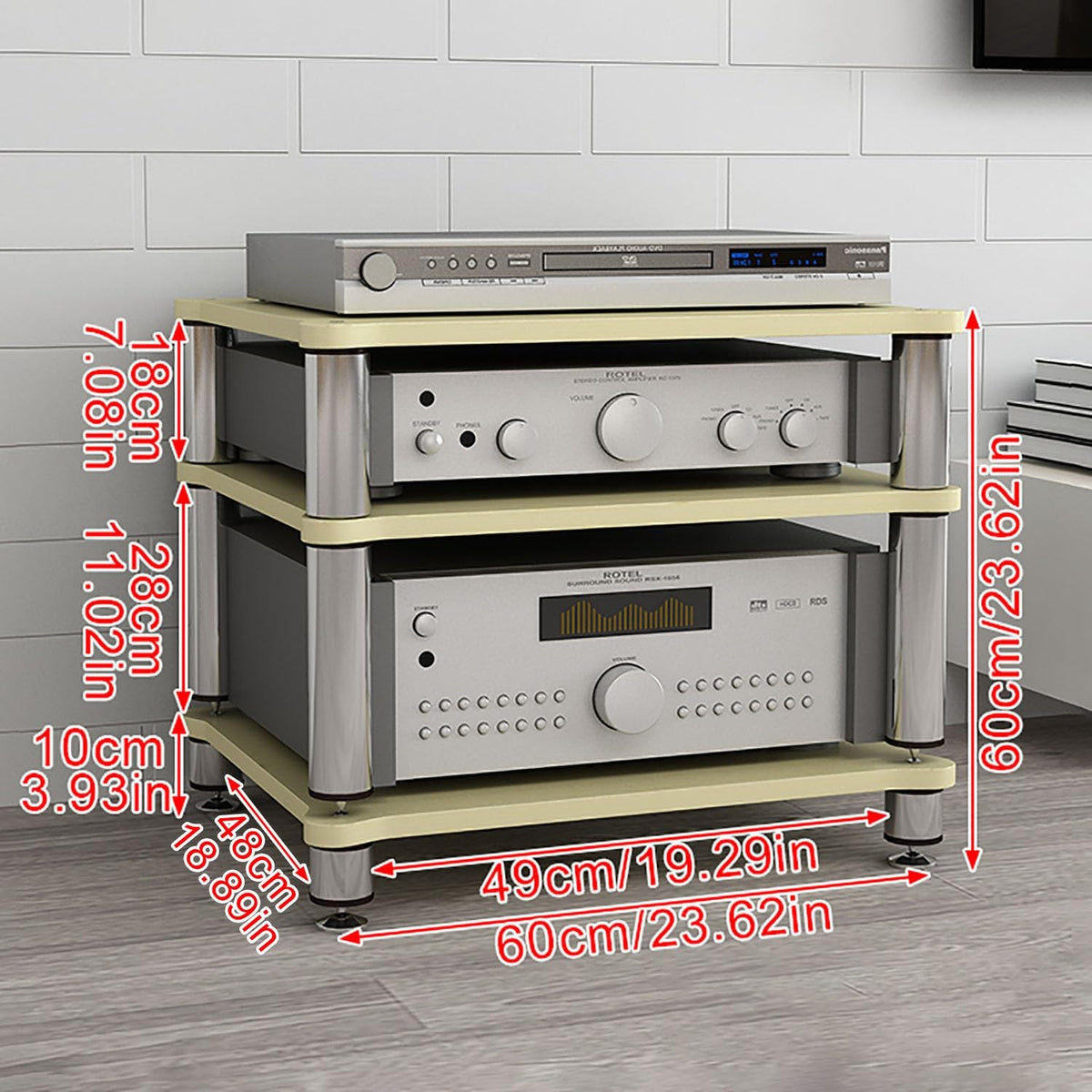 Portable Audio Rack Tower with ShelvesCorner Shelf DVD Display CabinetHigh Amplifier StandAV Storage Solution for Living RoomBlack60x48x60cm