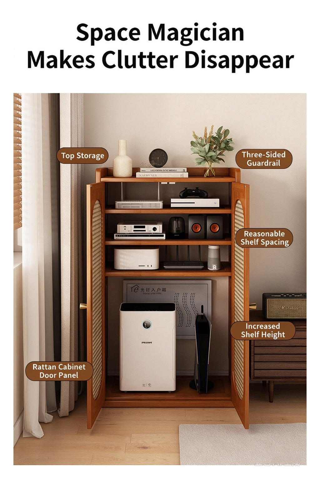 Bamboo Router Cabinet Rattan Cable Hider for Hallway Bedroom