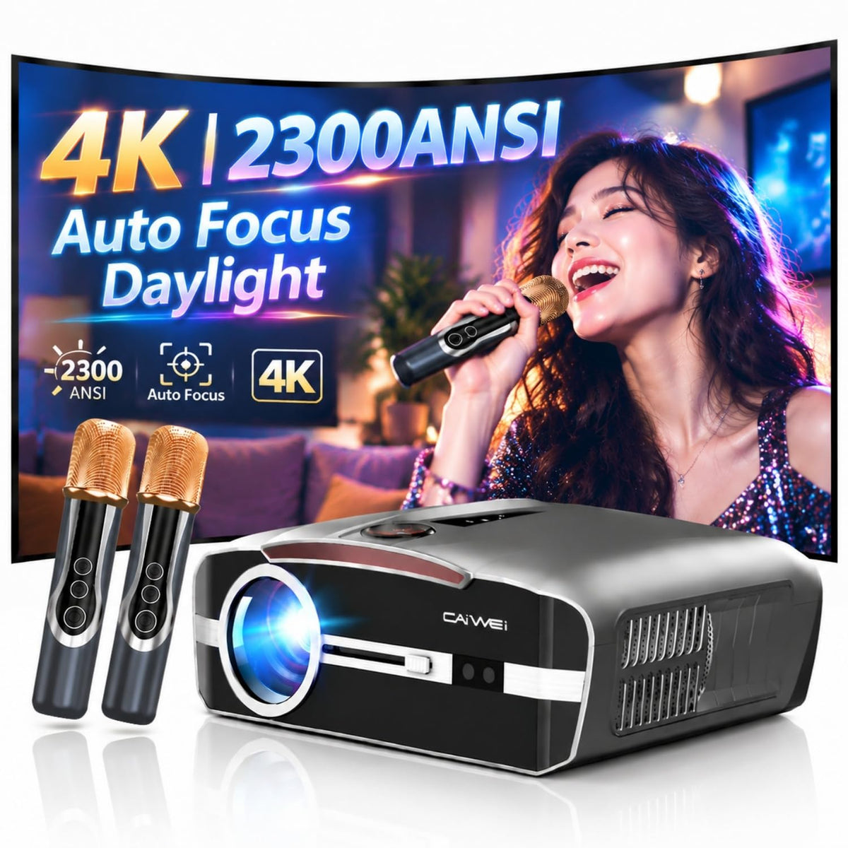 Daylight 4K Projector True 2300ANSI High Bright Home Theater Karaoke 2 Mics