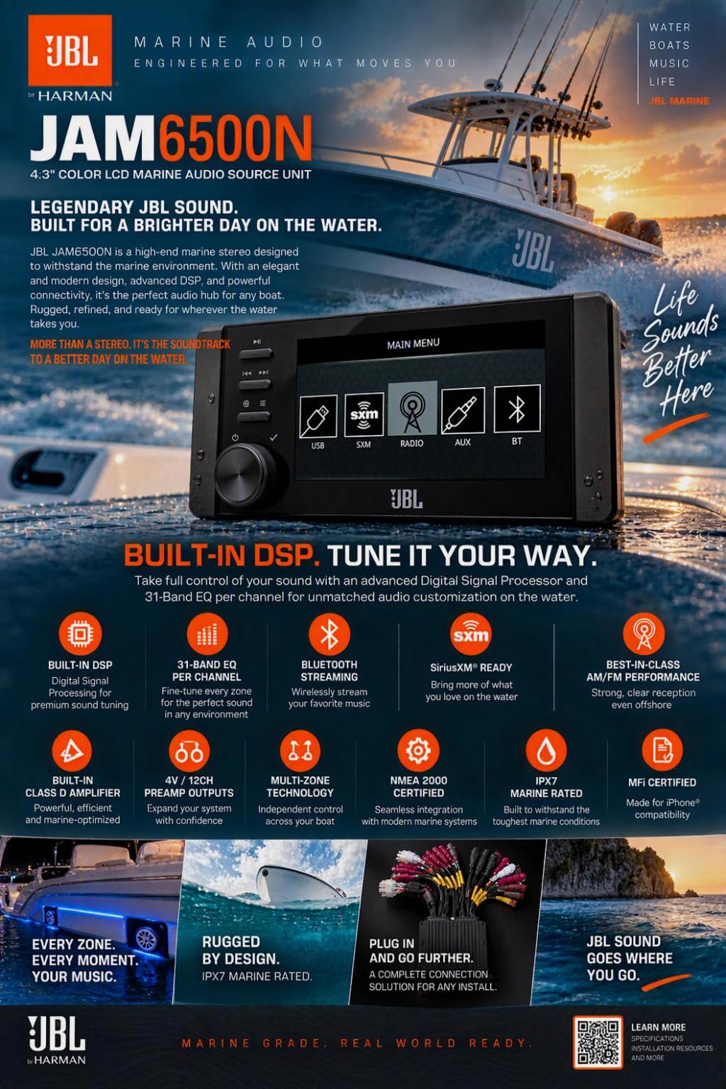 Marine Bluetooth USB-C DAB+ Tuner AM/FM Radio Gauge Style SiriusXM-Ready Receiver, 4X 6.5 225W Max 2-Way RGB LED Boat Speakers with White and Gray Grilles, 50 Feet 16 Gauge Speaker Wire
