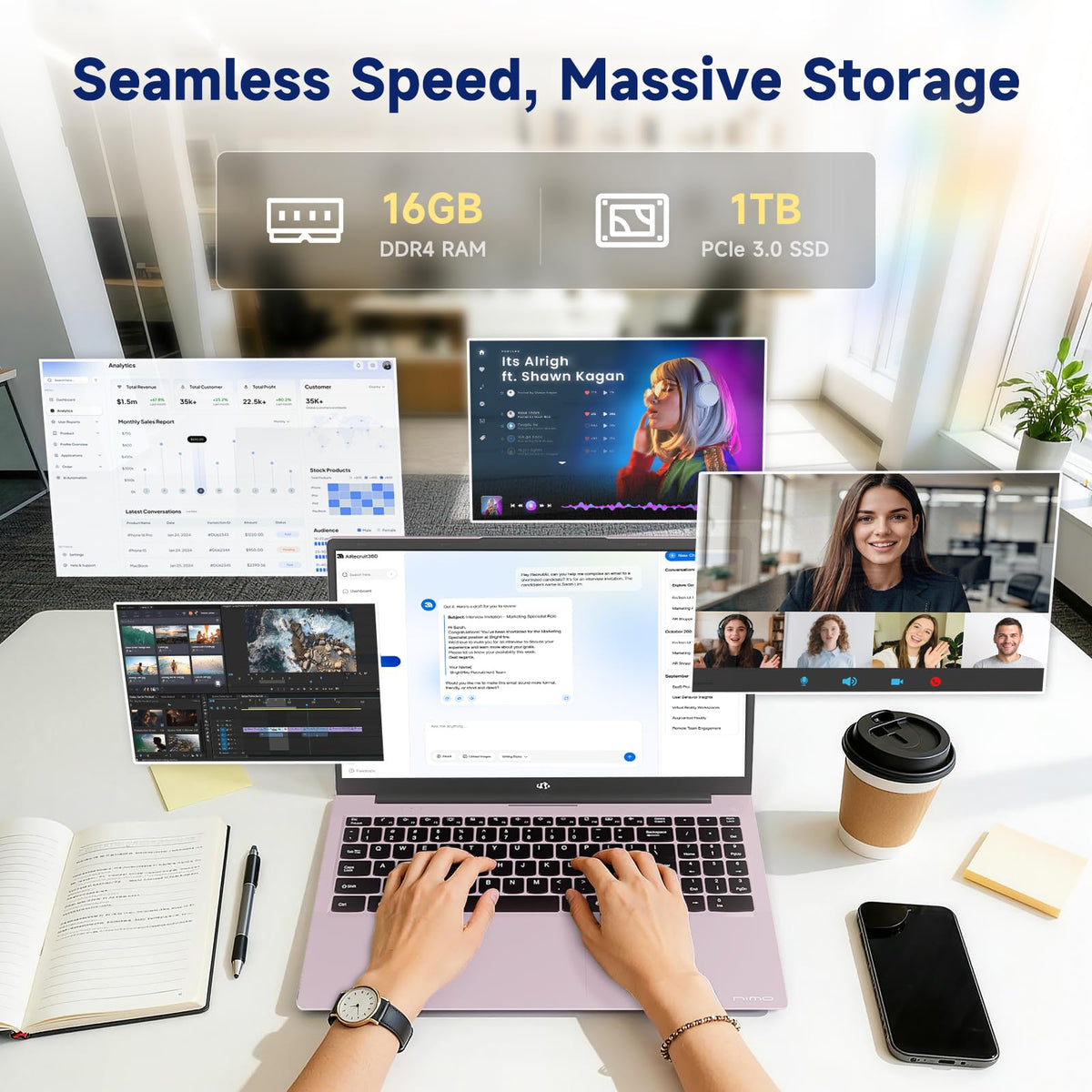 NIMO 15.6" FHD Business Laptop Computer, Quad-Core Processor(Beats i3-1115G4), Laptop 16GB RAM 1TB SSD with Backlit Keyboard Fingerprint 65W PD Fast Charging, Student Laptop for College School