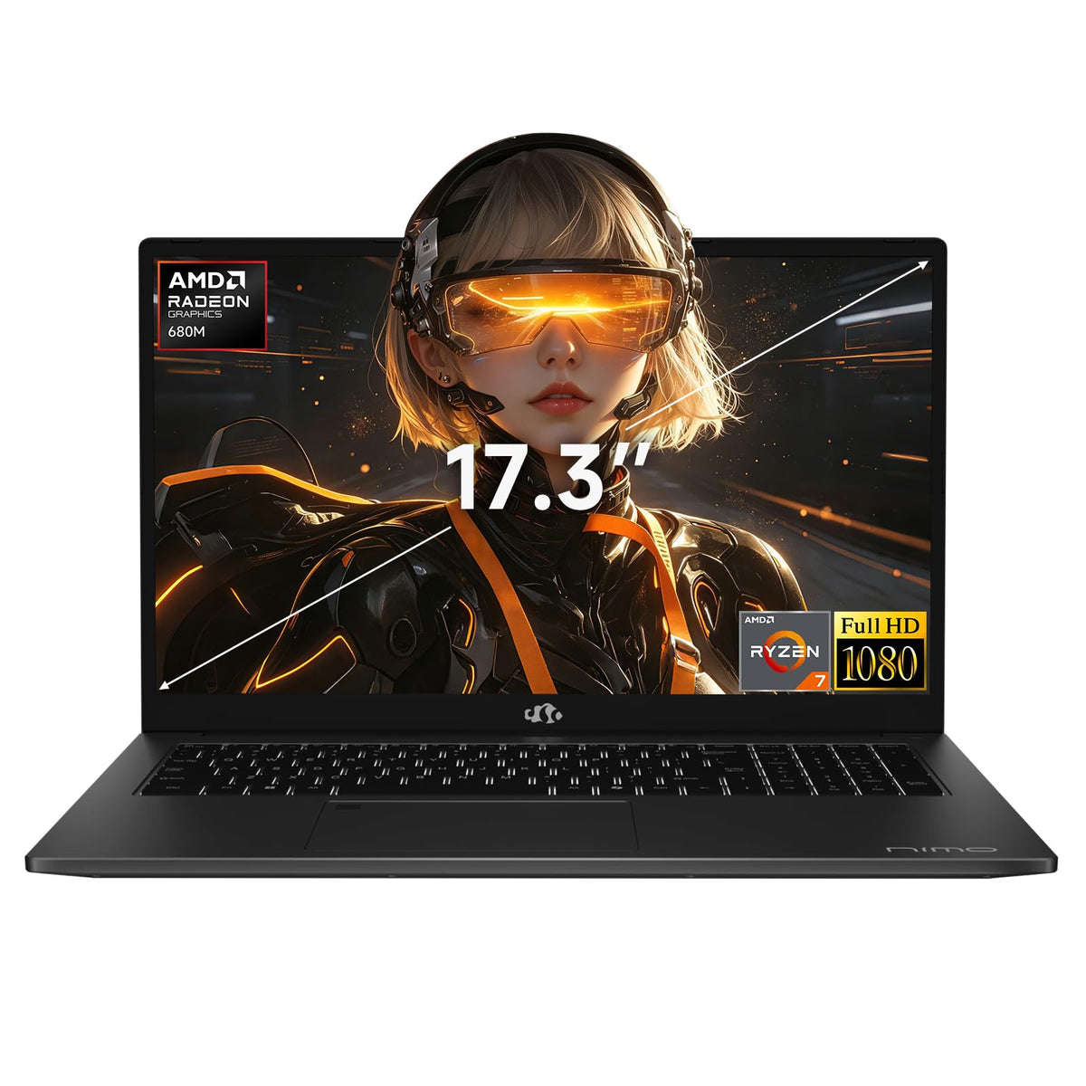 NIMO 17.3" AI Ready Light Gaming Laptop, AMD Ryzen 7 7735HS Computer (Up to 4.75 GHz) with 16GB DDR5 RAM 512GB SSD Radeon 680M GPU 2-Yr Warranty 180° View Multifuntional for Business Creator Student